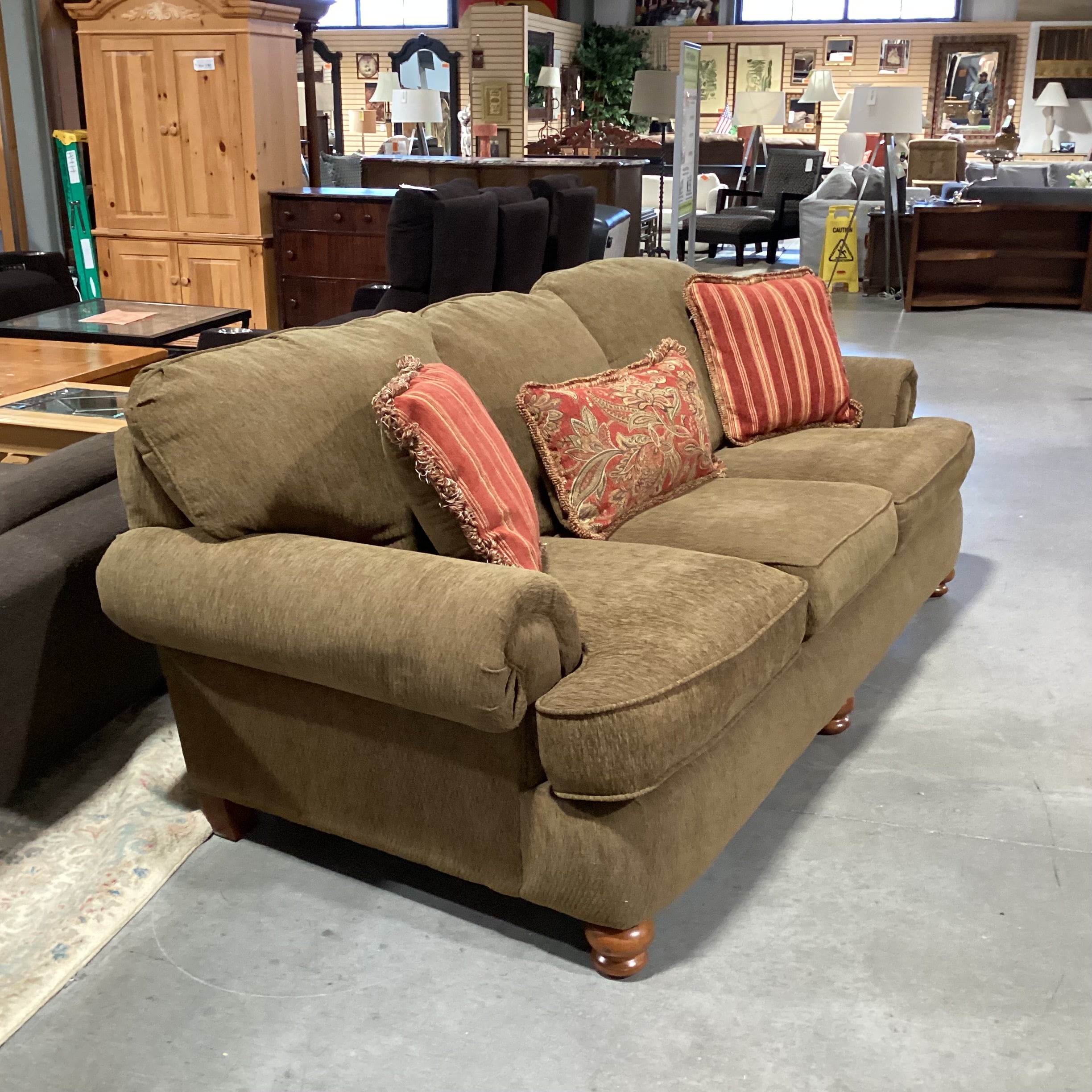 Olive Brown Texture Woven Upholstery with Accent Pillows Sofa 96"x 40"x 32"