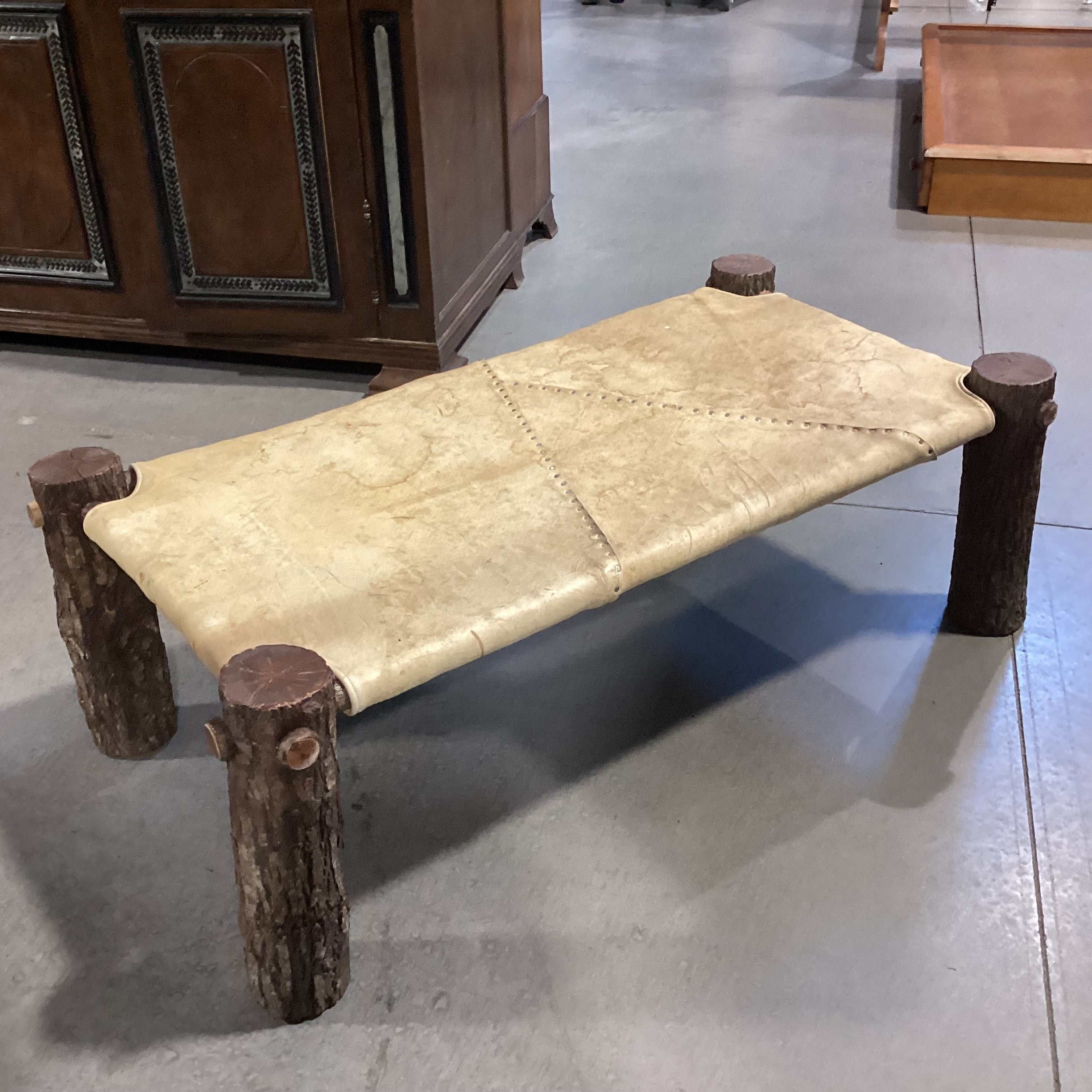 Rustic Log & Leather Nailhead Bench Ottoman 60"x 32"x 20"