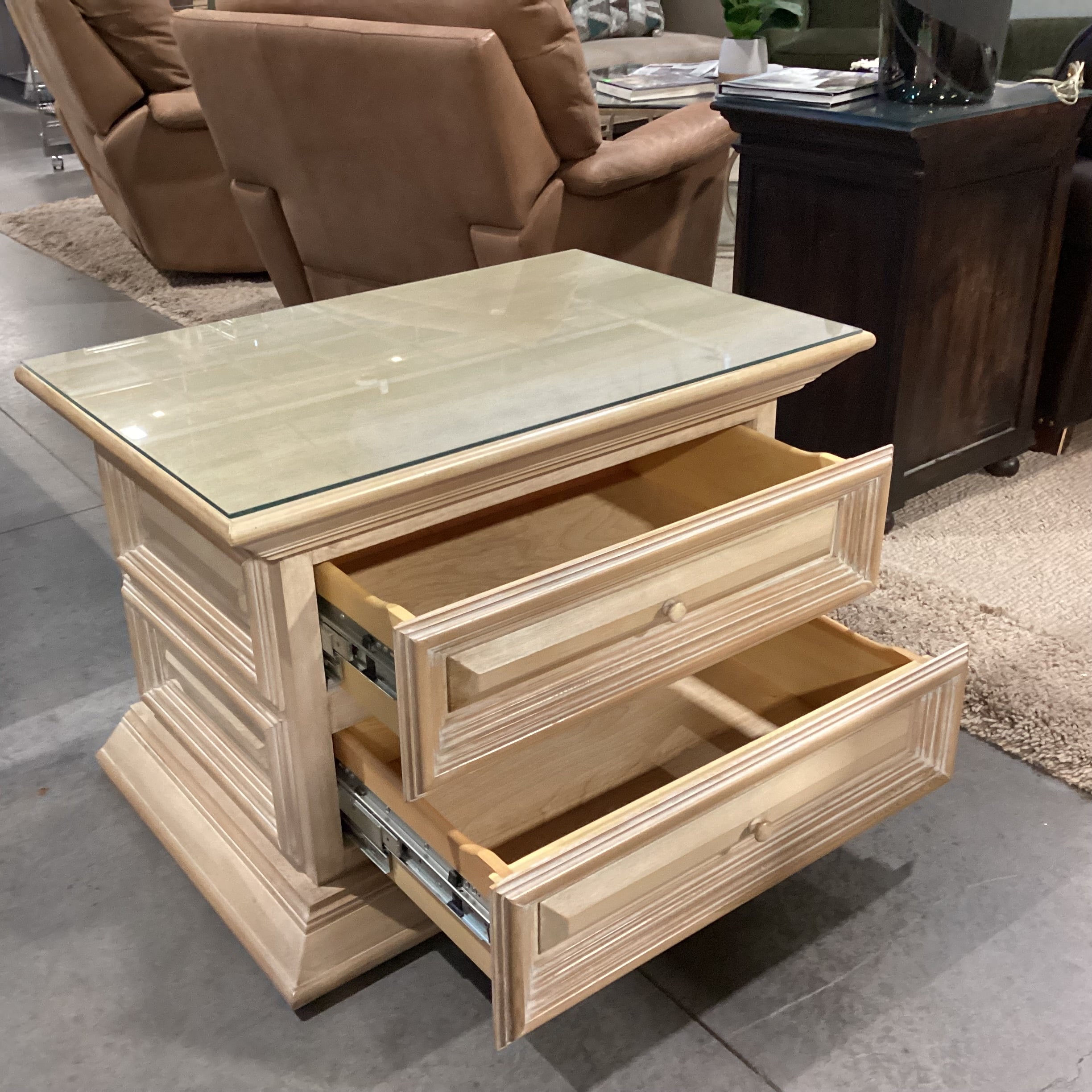 Kreiss Collection Natural Solid Carved Wood 2 Drawer Glass Top End Table 36"x 24"x 23"