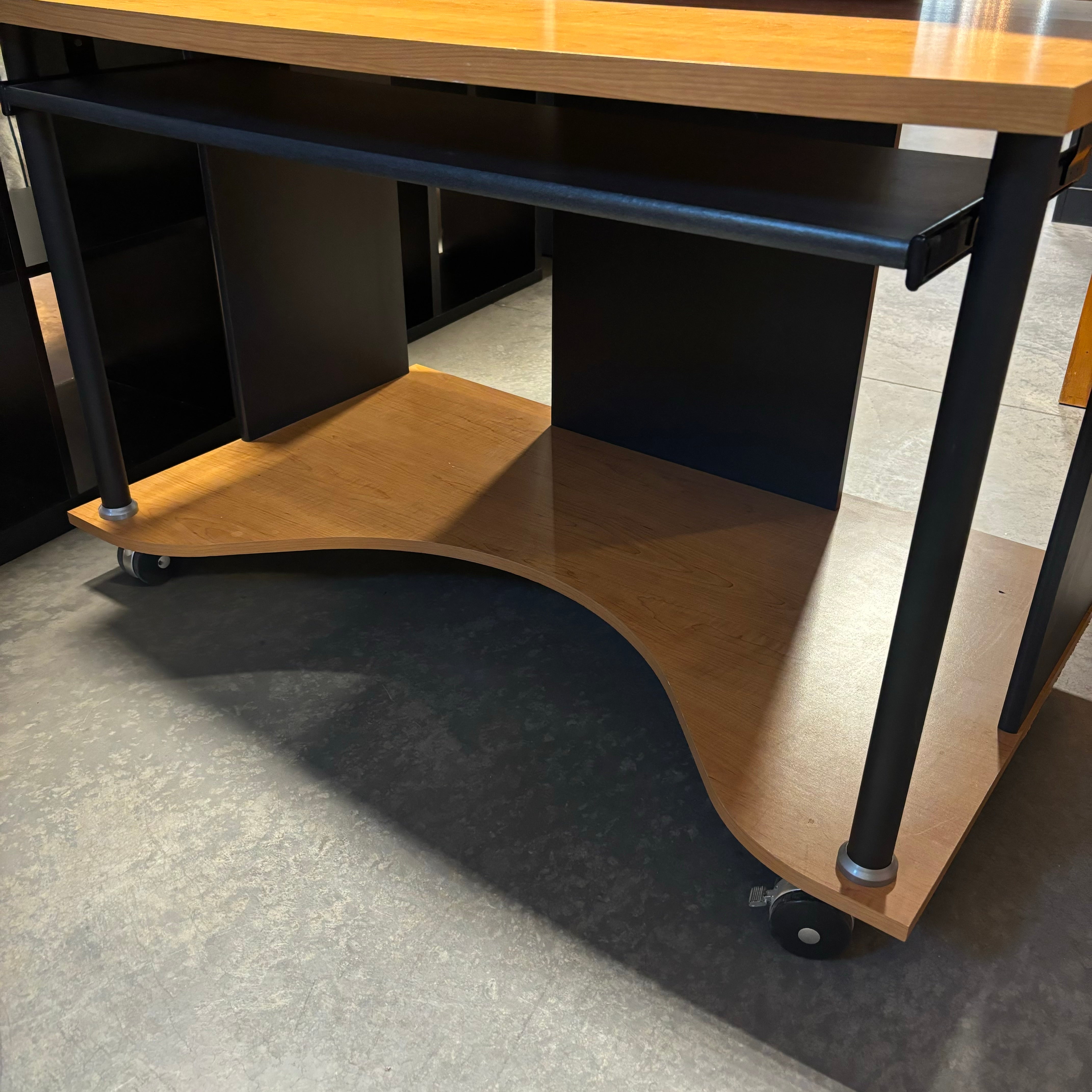 Light Wood Veneer Top with Black Metal & Wood Multi Surface On Casters Computer Desk 52"x 41"x 30.5"