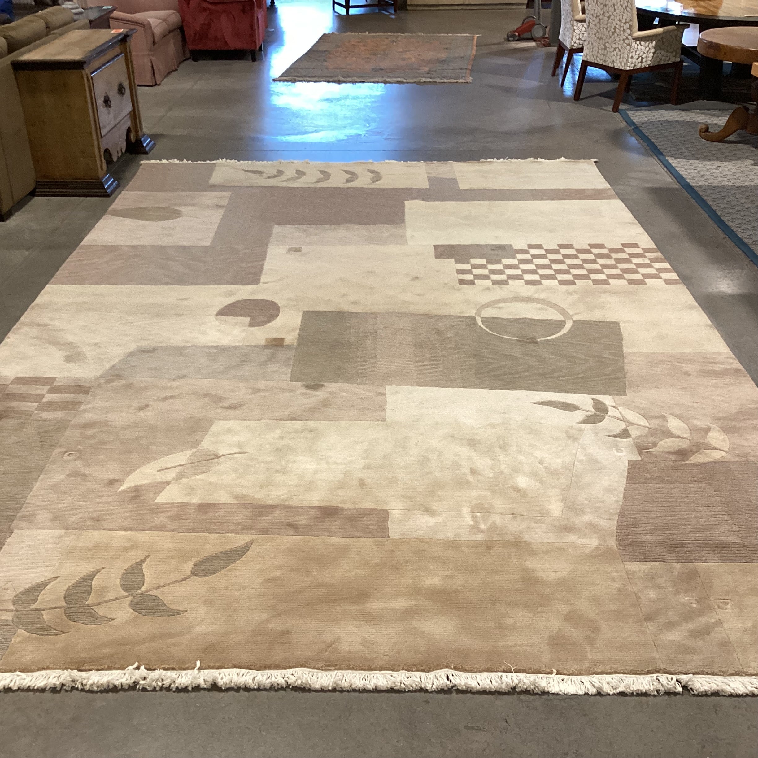 Cream Beige Tan Taupe Modern with Leaf Design Hand Woven Wool Rug 10’ x 15’4”