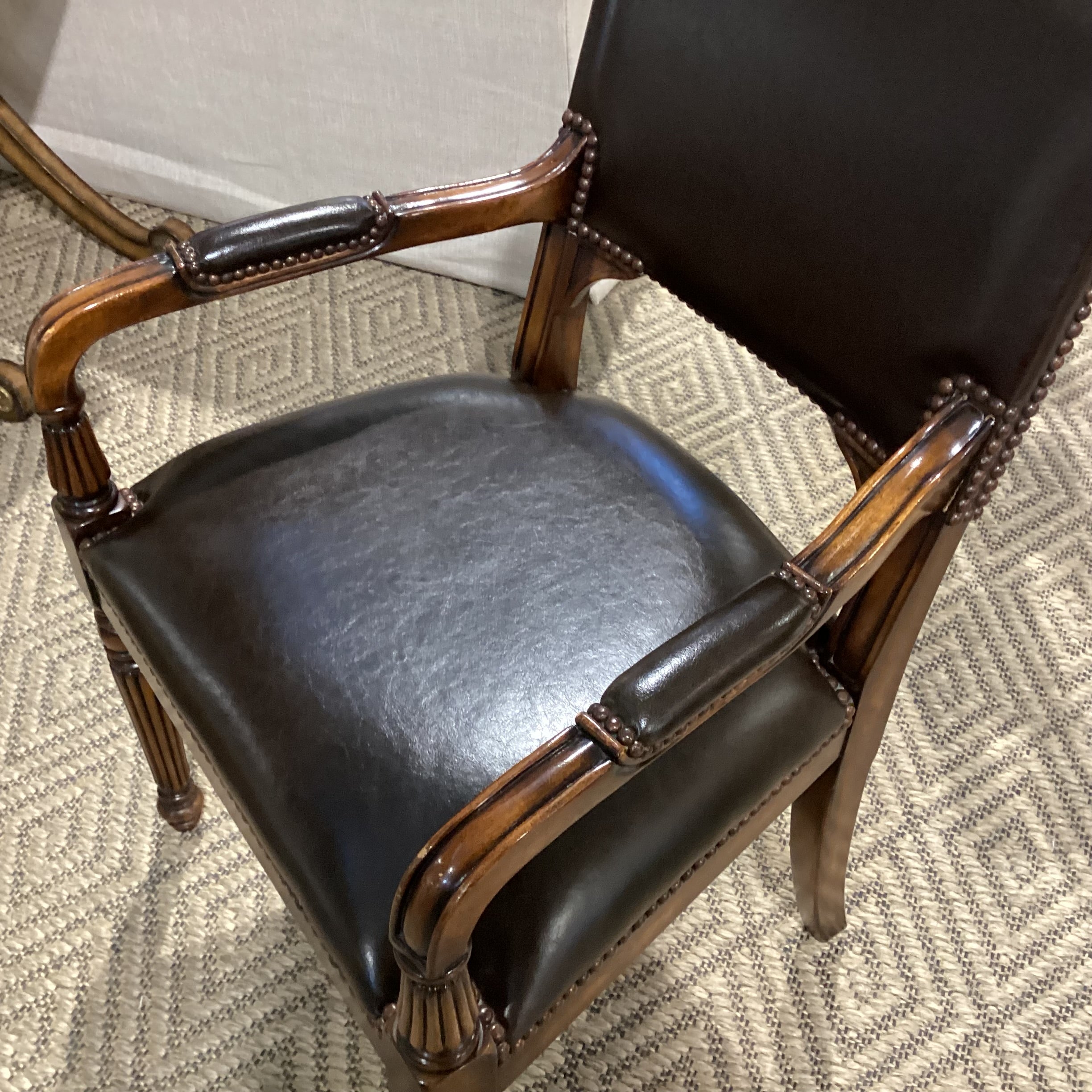 Carved Wood Leather Nailhead & Back Handle Chair 24"x 24"x 39"