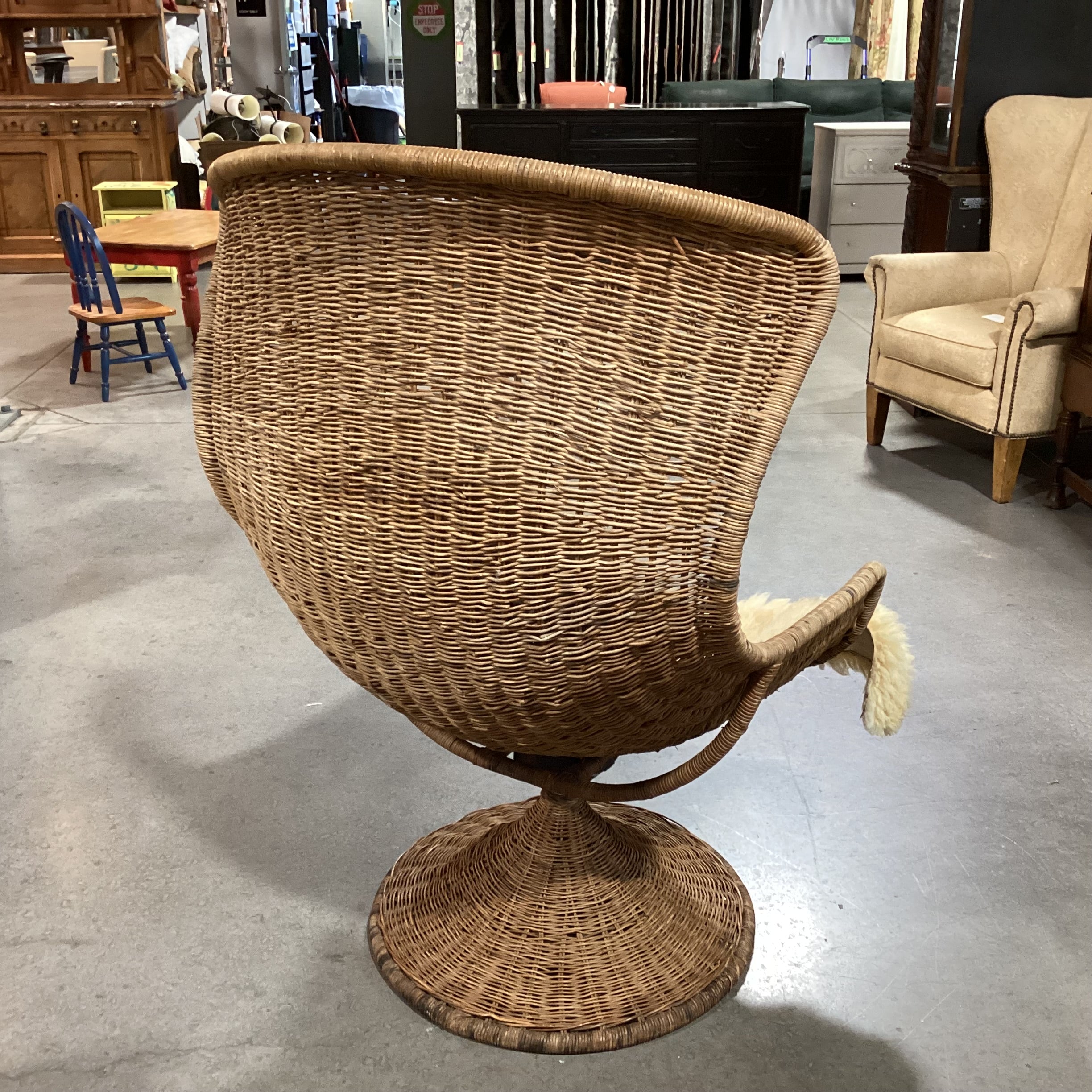 Vintage Wicker Swivel Rock with Sheepskin Chair 30"x 30"x 48"