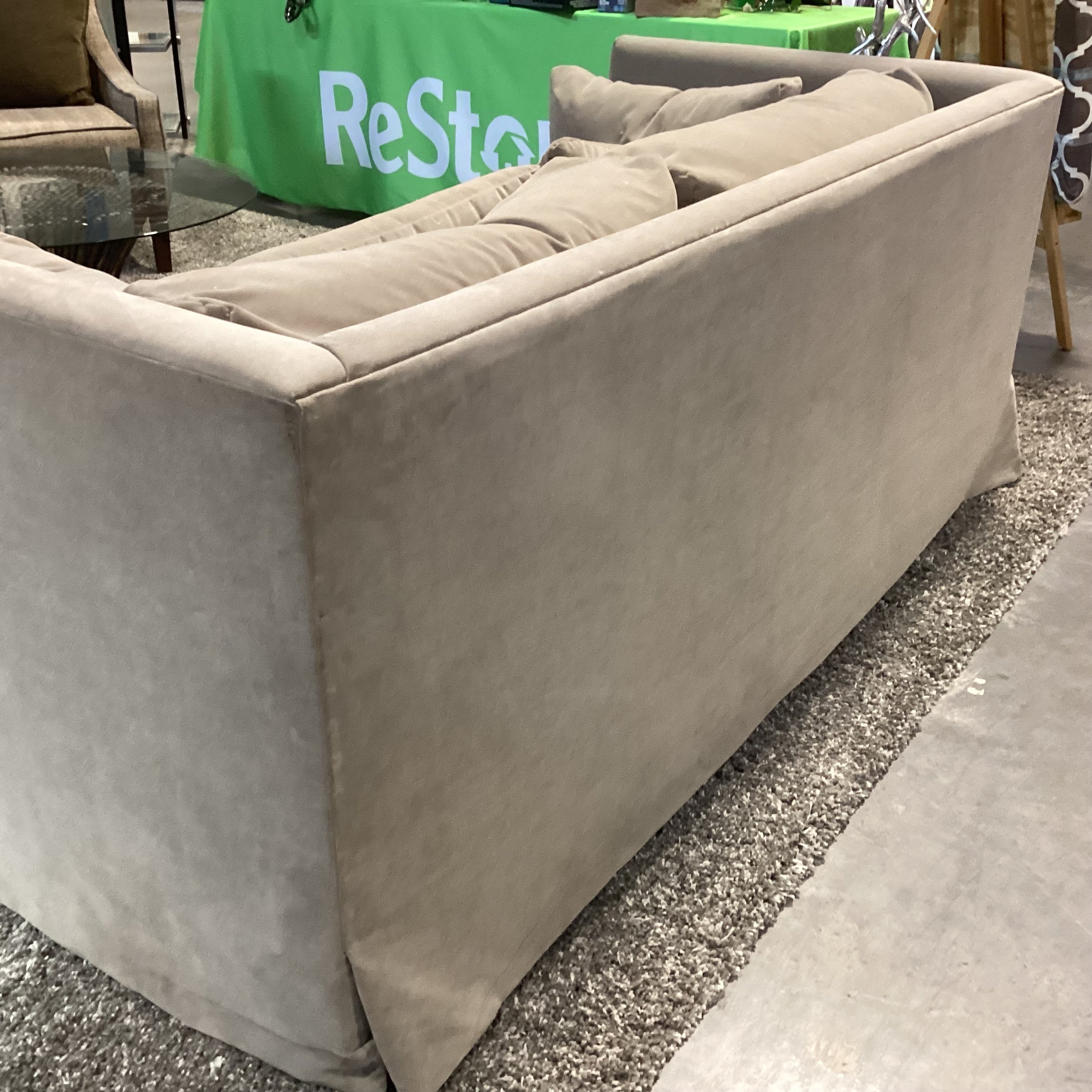 Custom Taupe Velvet Down Sofa 84"x 41"x 34"