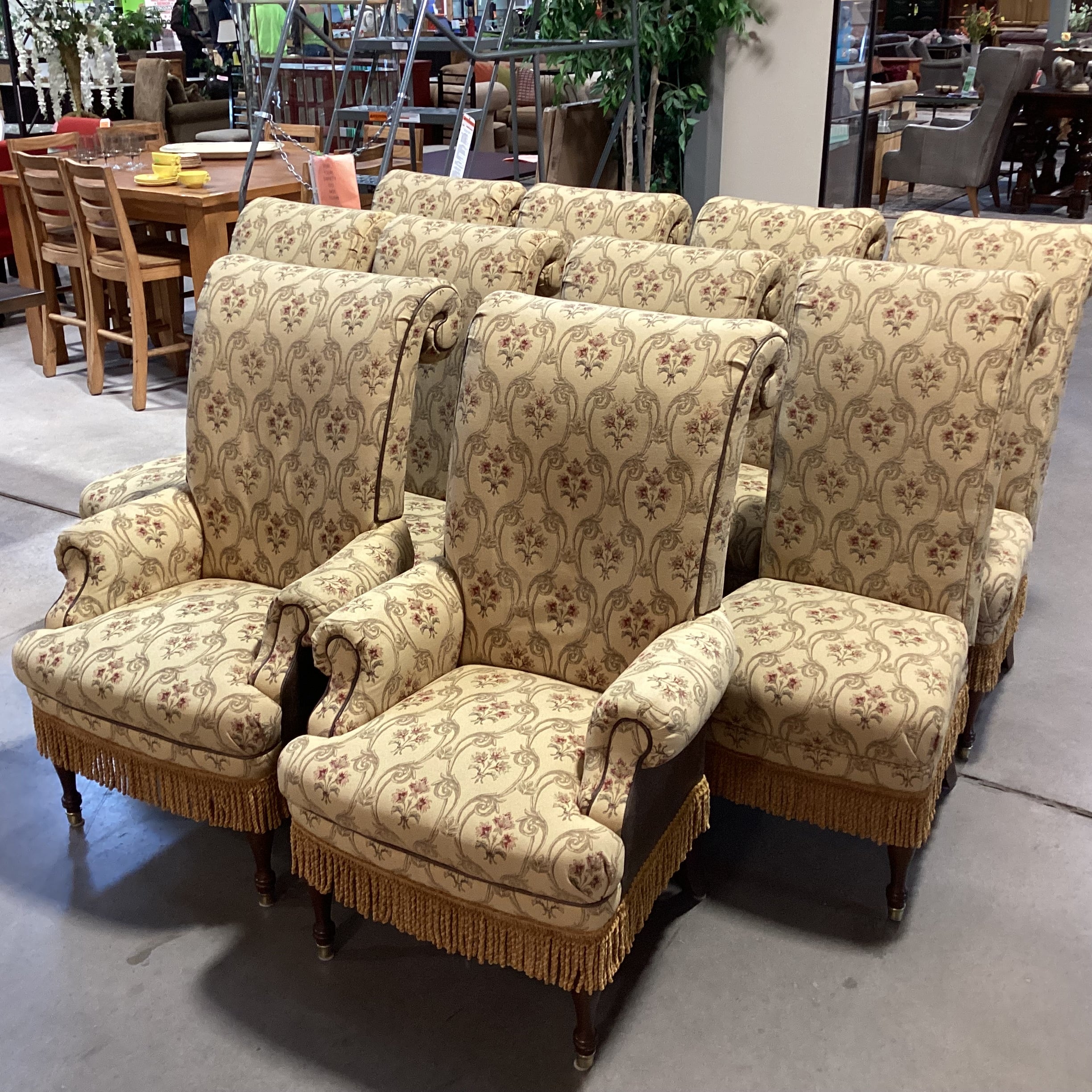 SET of 10 Custom Gold with Ornate Red Floral Leather & Fringe Roll Arm Back Dining Chairs 23"x 30"x 46"