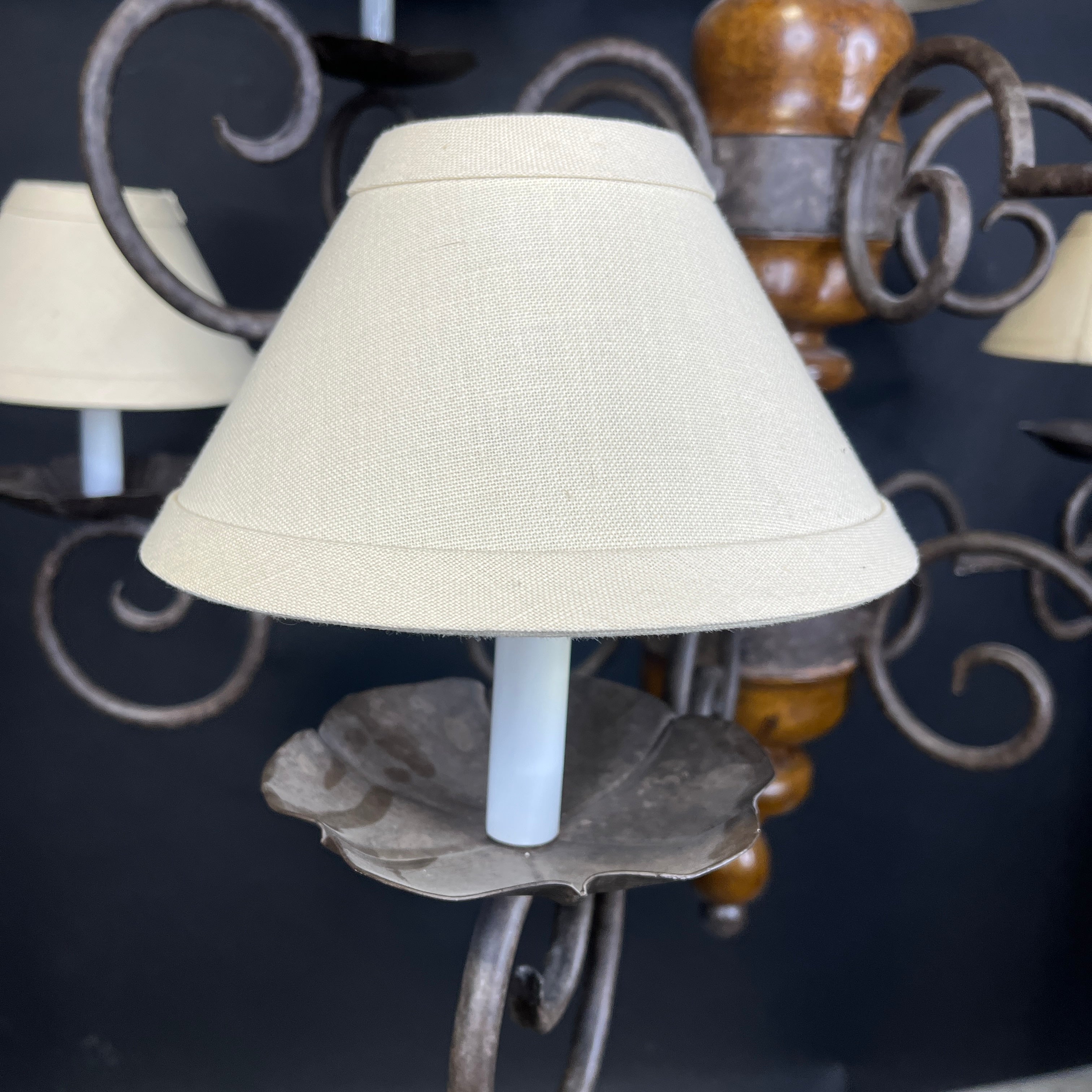 Vintage Romantic Tiered 10-Light Medium Finish Wood and Bronze Metal Arms with Shades Chandelier 40”x 35” - 54”