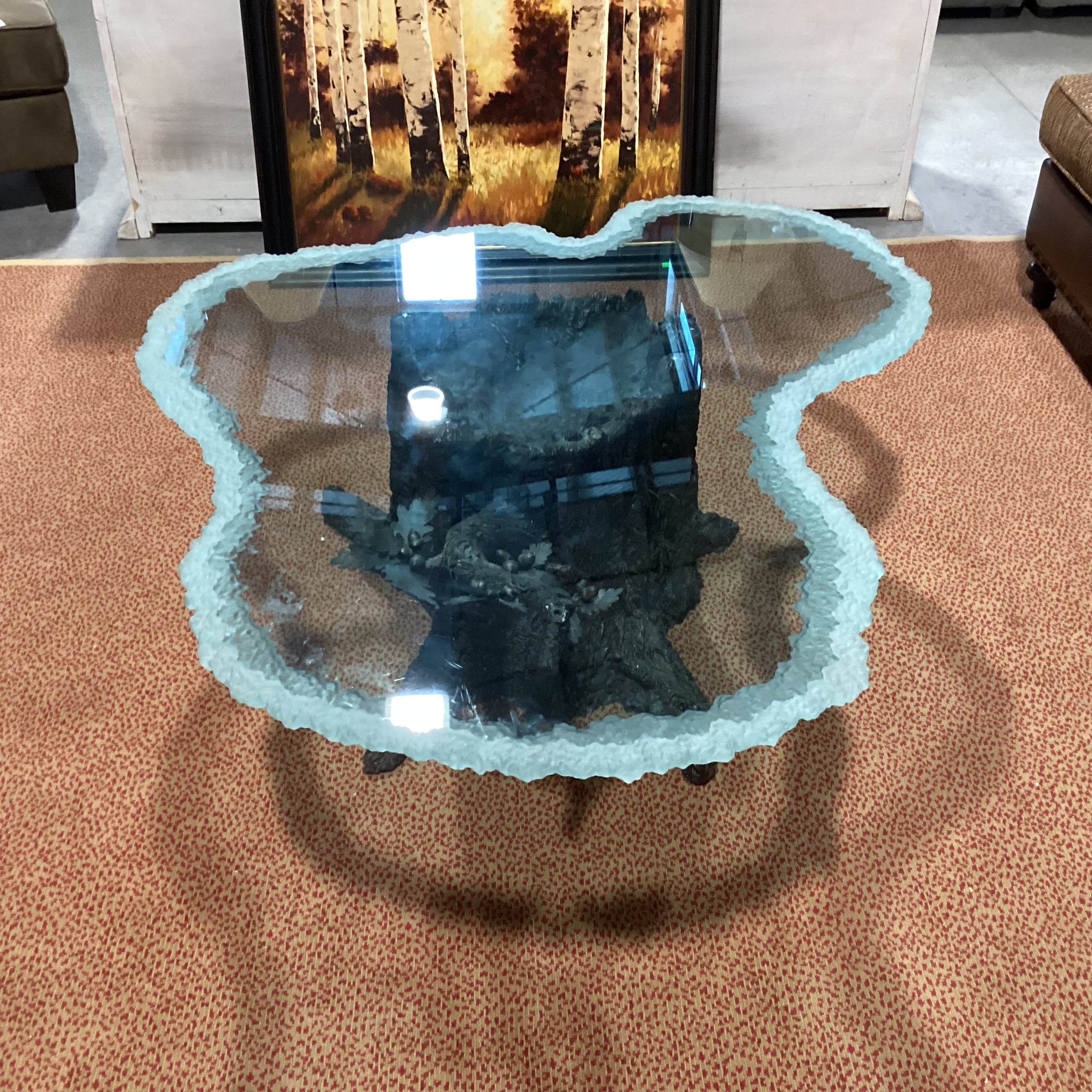 Kevin Clark Resin Cast & Iron Acorn Leaf Tree Trunk with Frosted Live Edge Glass Coffee Table 55"x 48"x20"