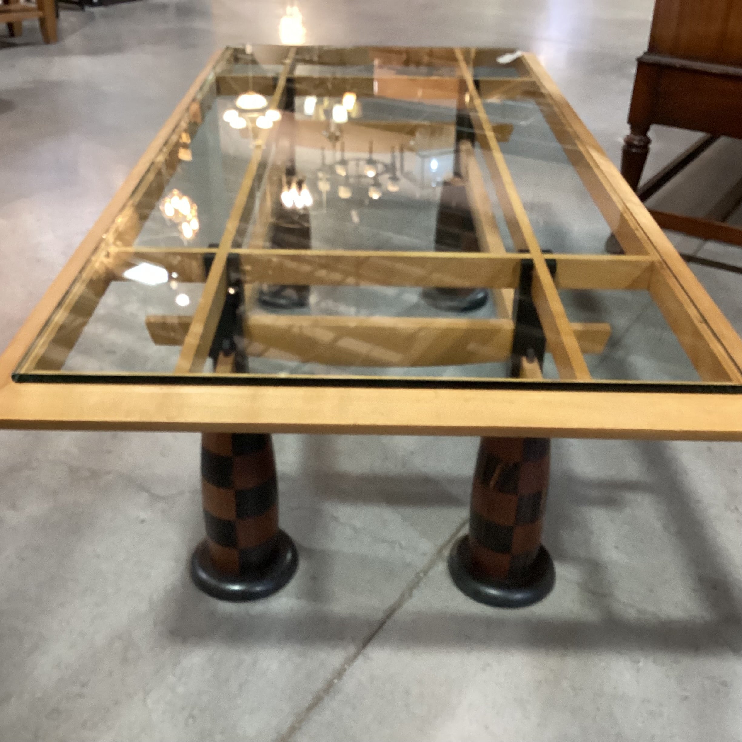 Vintage Mid Century Modern Wood & Glass with Checker Board Pattern Legs Coffee Table 59"x 28"x 19"