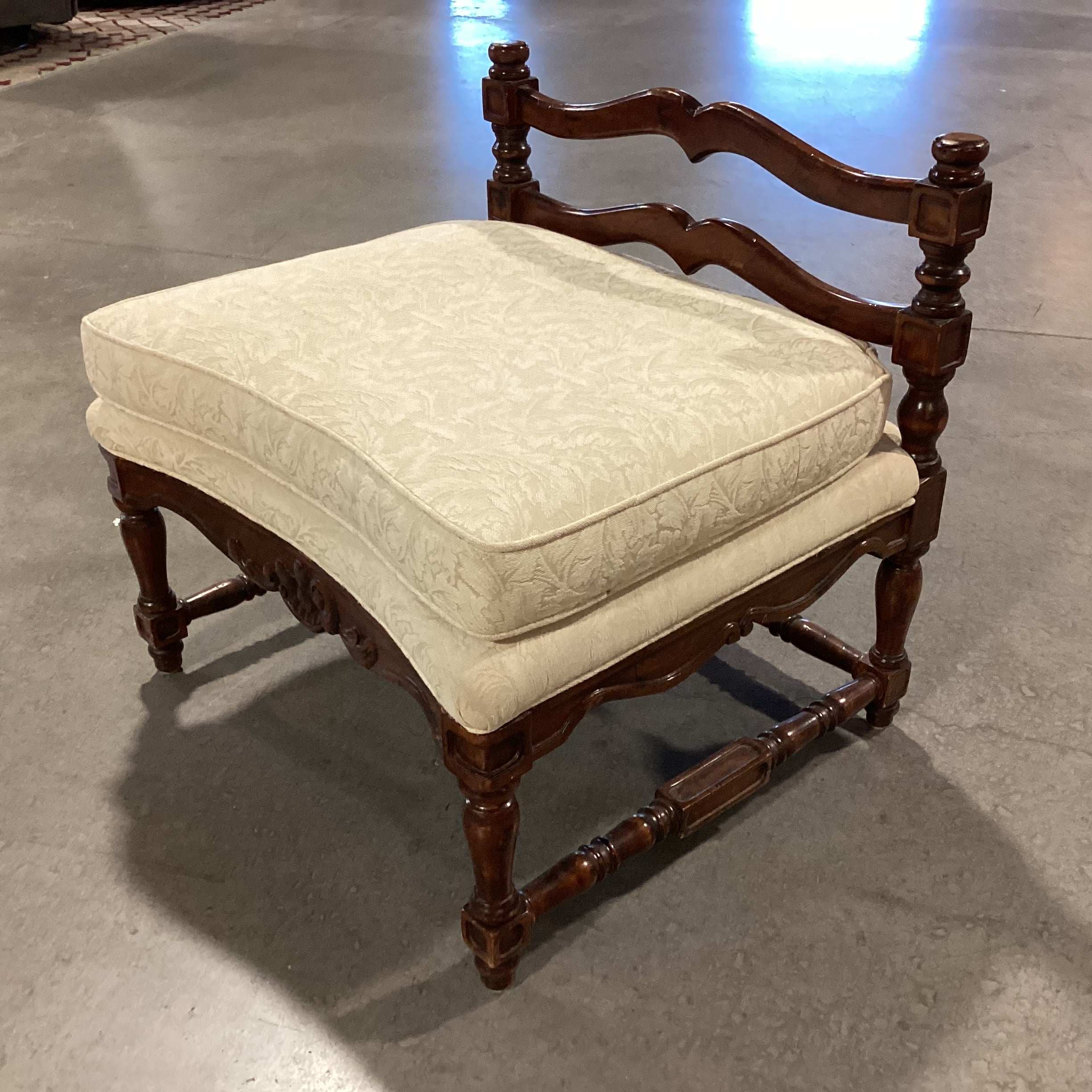 Carved Wood & Cream Cushion Bench Ottoman 25.5"x 23"x 24.5"