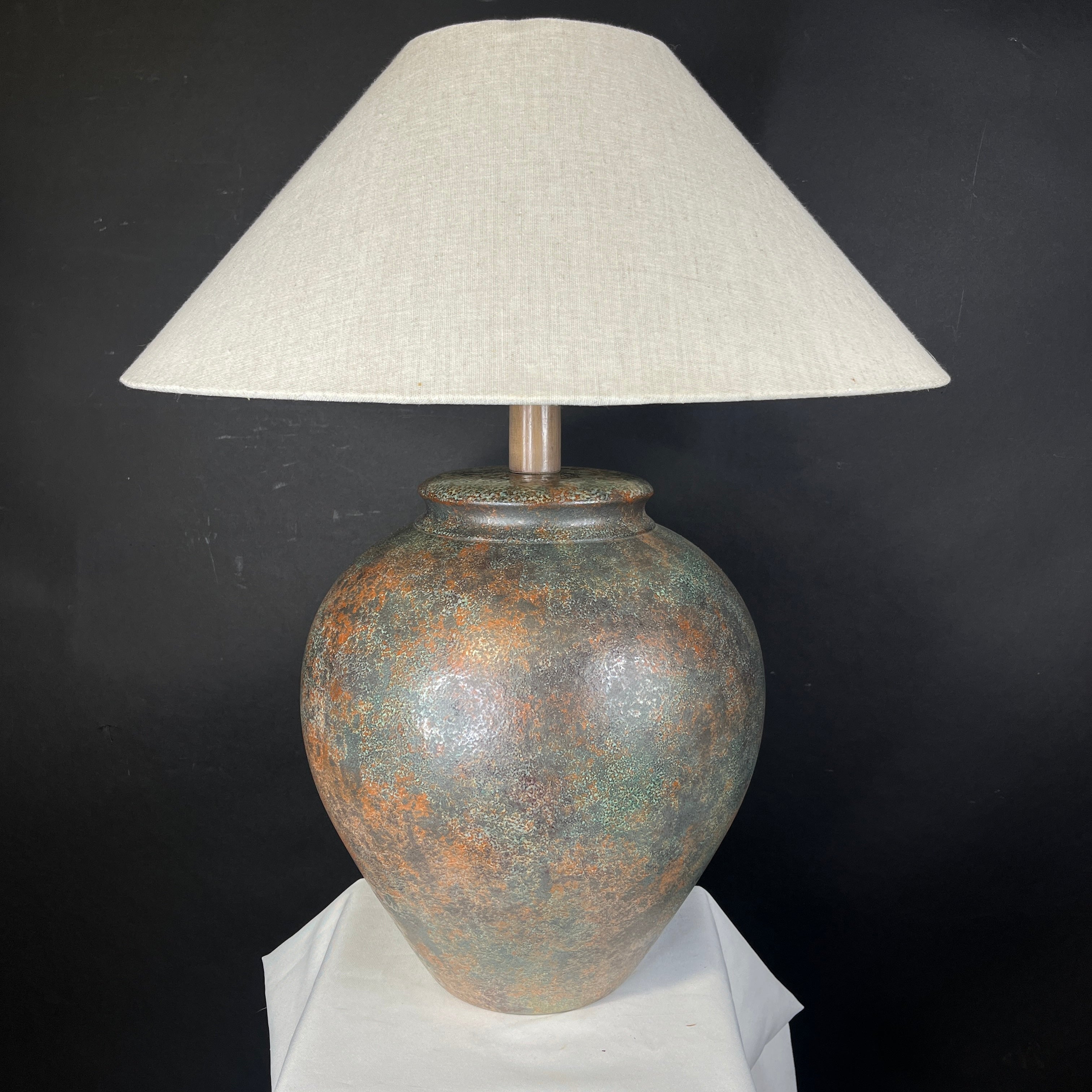 Casual Lamps Green and Rust Textured Metal Vase with Shade Table Lamp 24.5” Diameter @ Shade x 35”