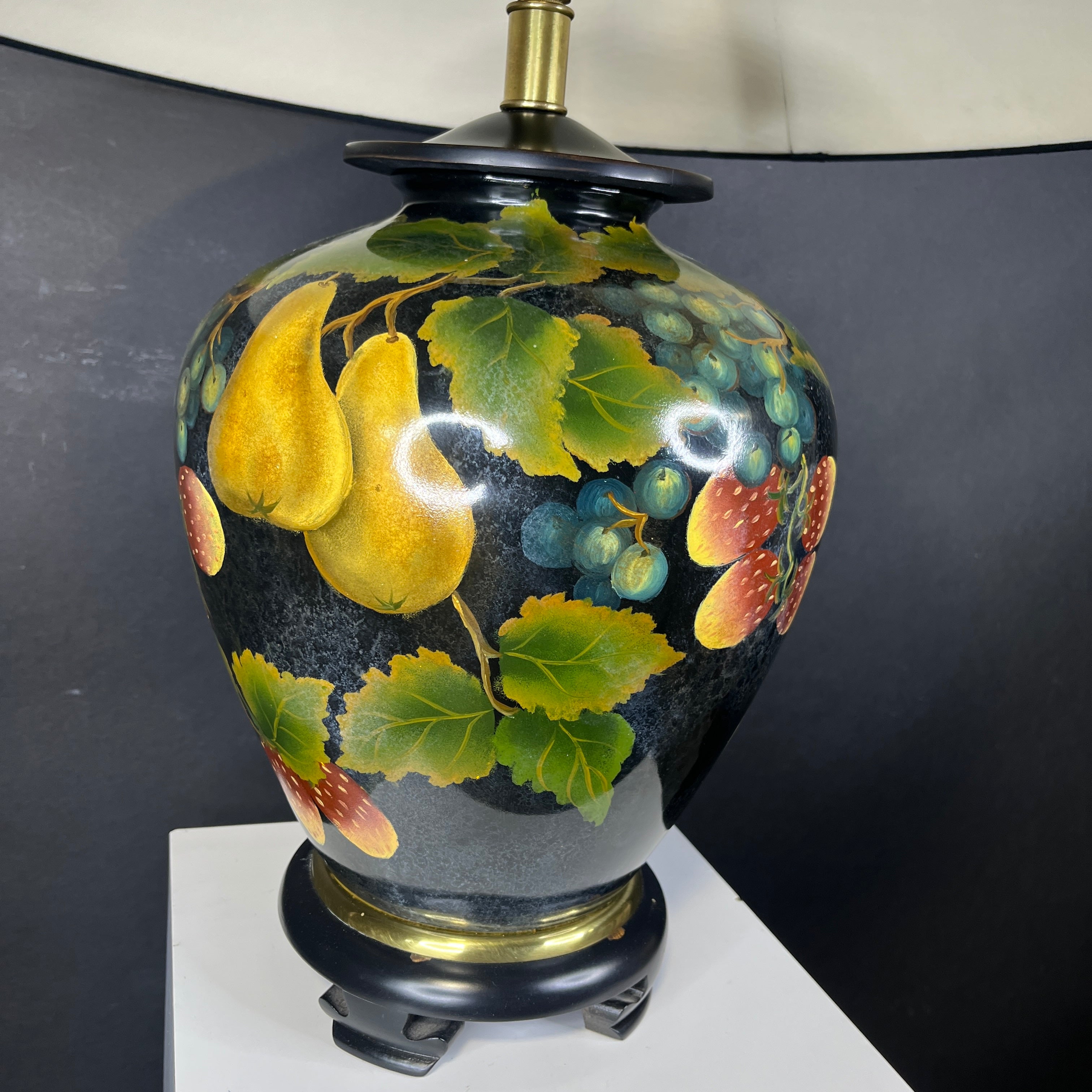 Frederick Cooper Black and Gold Fruit Porcelain Ginger Jar with Shade Table Lamp 25” Diameter @ Shade x 28”