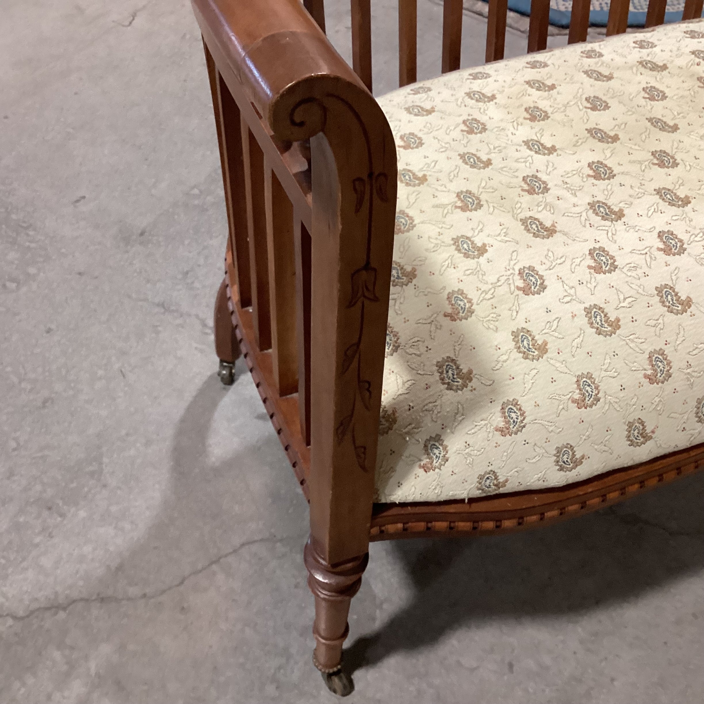 Antique Carved Wood Detail with Spindle Curved Back & Paisley Seat on Casters Bench 45"x 25"x 29"