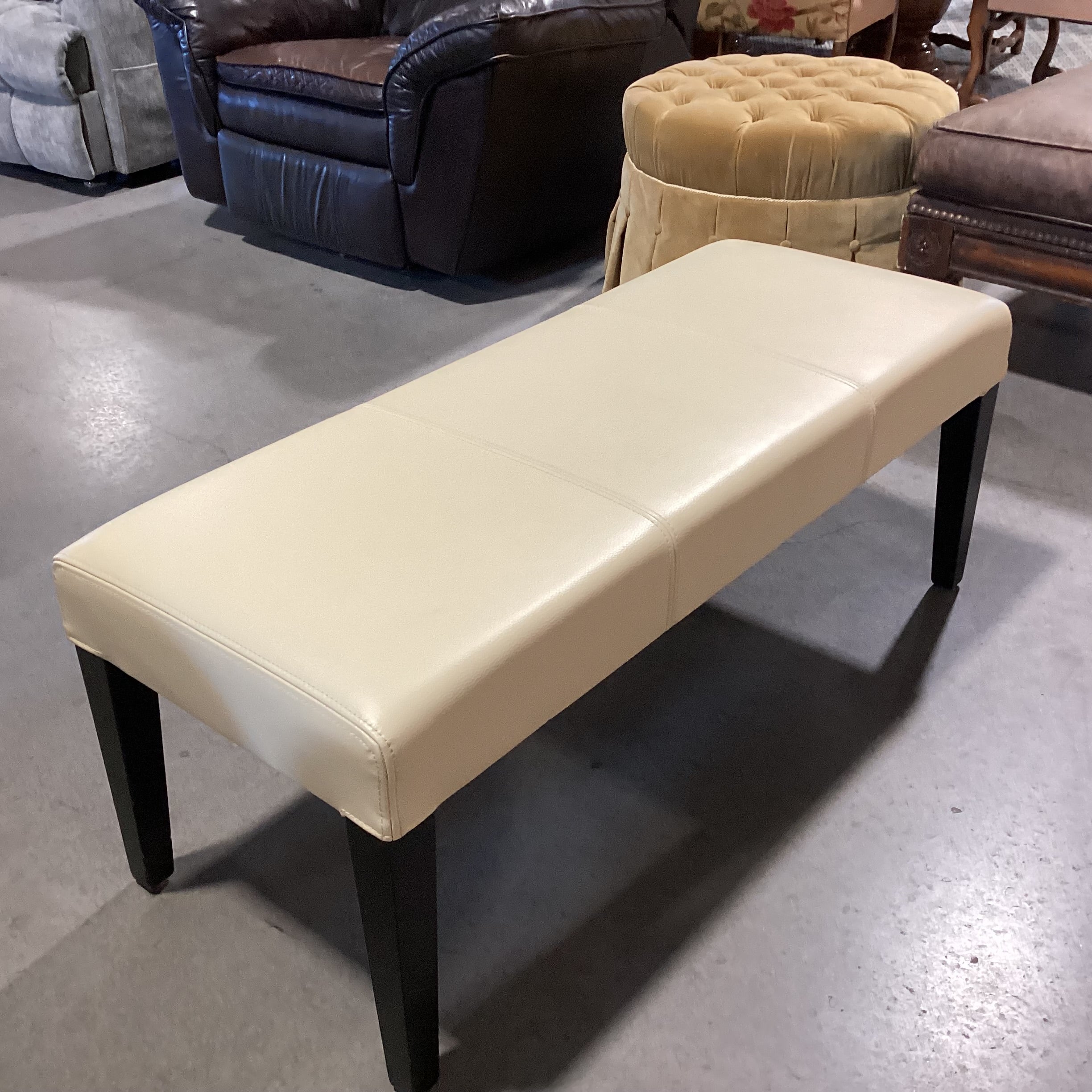 Crate & Barrel Blonde Leather & Black Wood Legs Bench 46.5"x 18.5"x 18.5"