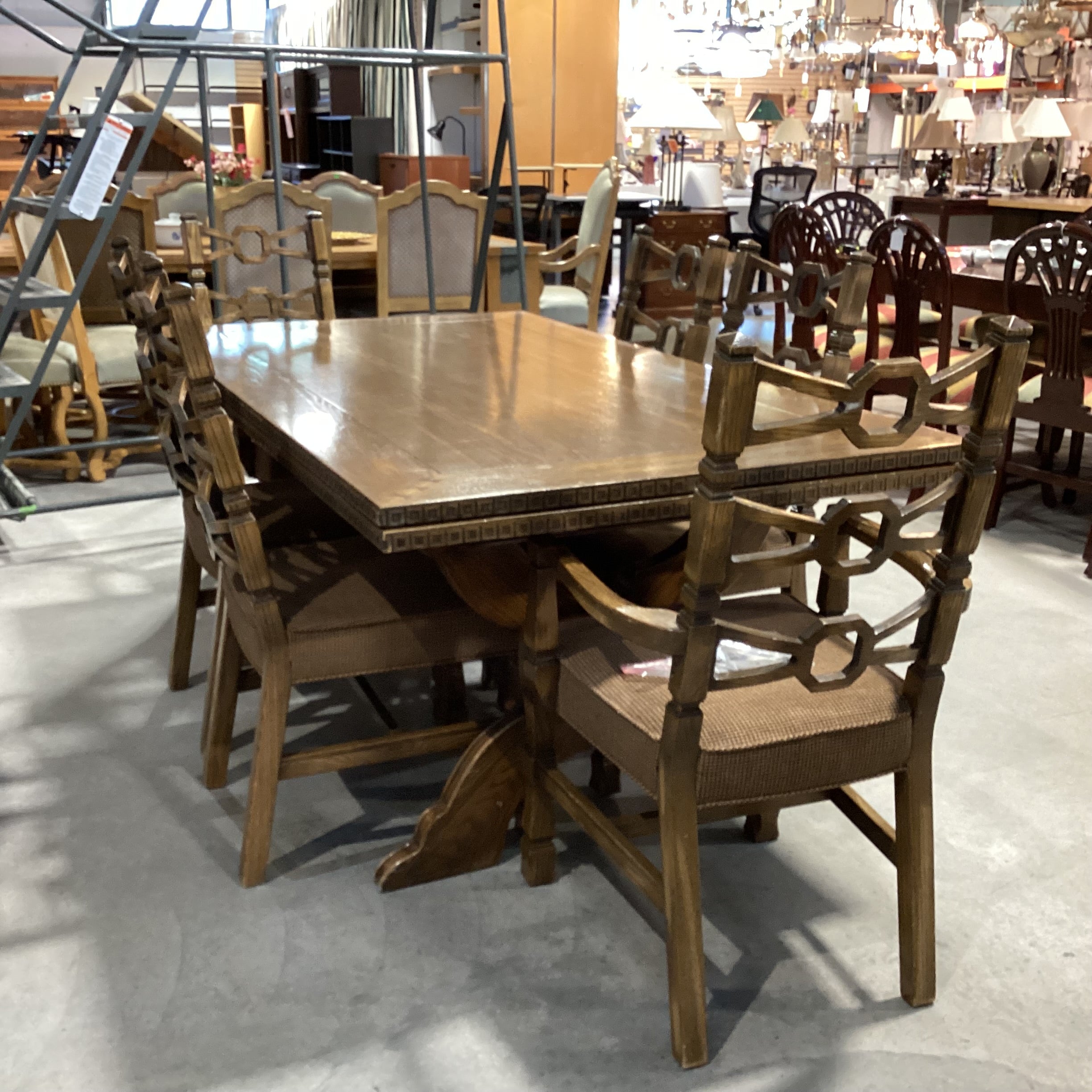 Vintage Antique Carved Oak with Trestle Table & 6 Chairs Dining Set 72"x 40"x 30"