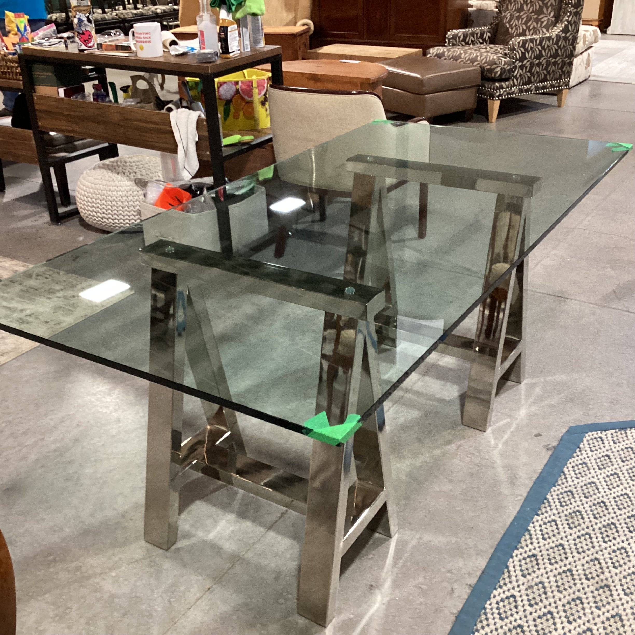 Chrome Sawhorse & Thick Glass Desk Dining Table 72"x 36"x 30.5"
