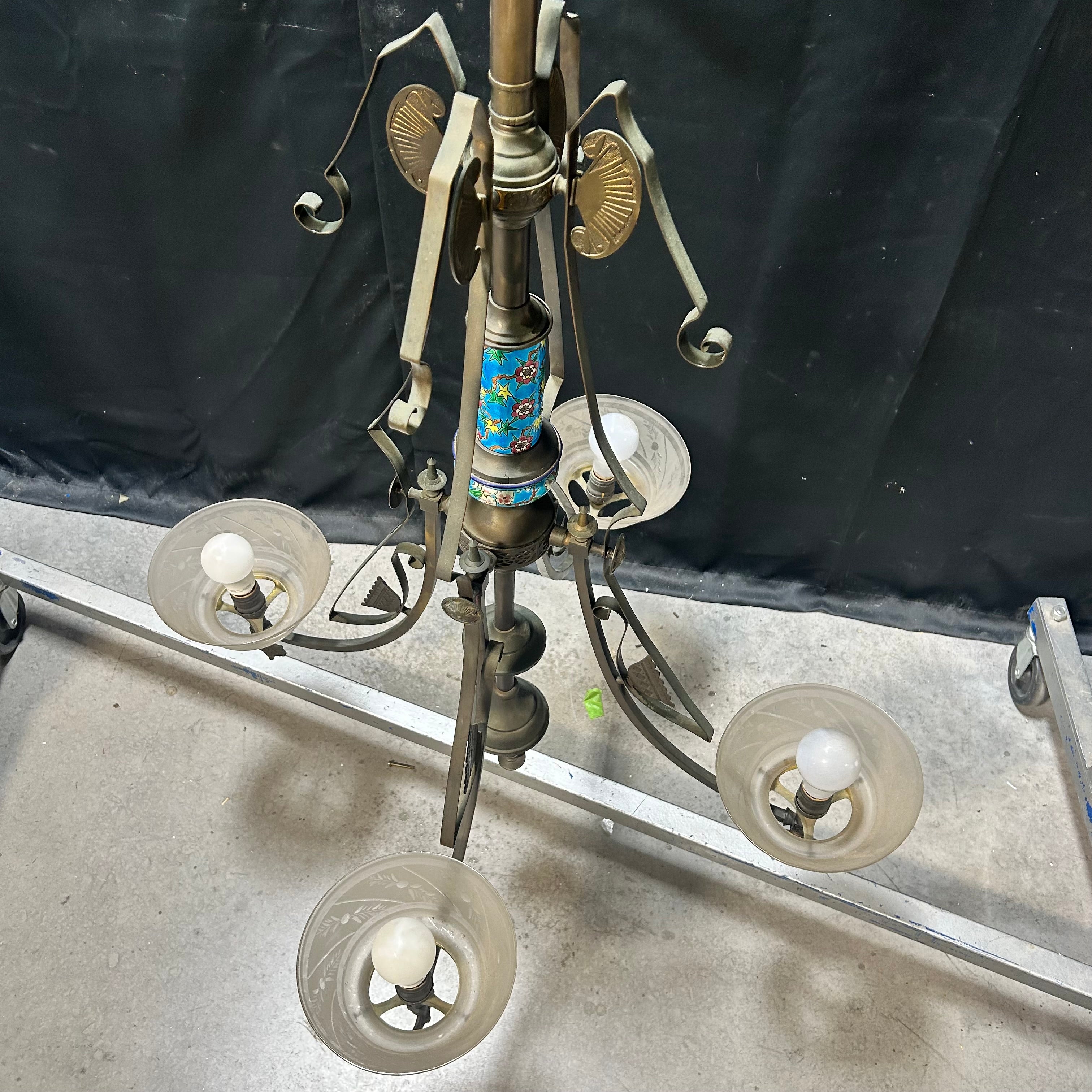 4-Light Aesthetic Eastlake Gas Chandelier Circa 1870  With Ceramic and Etched Glass 33"x 57"