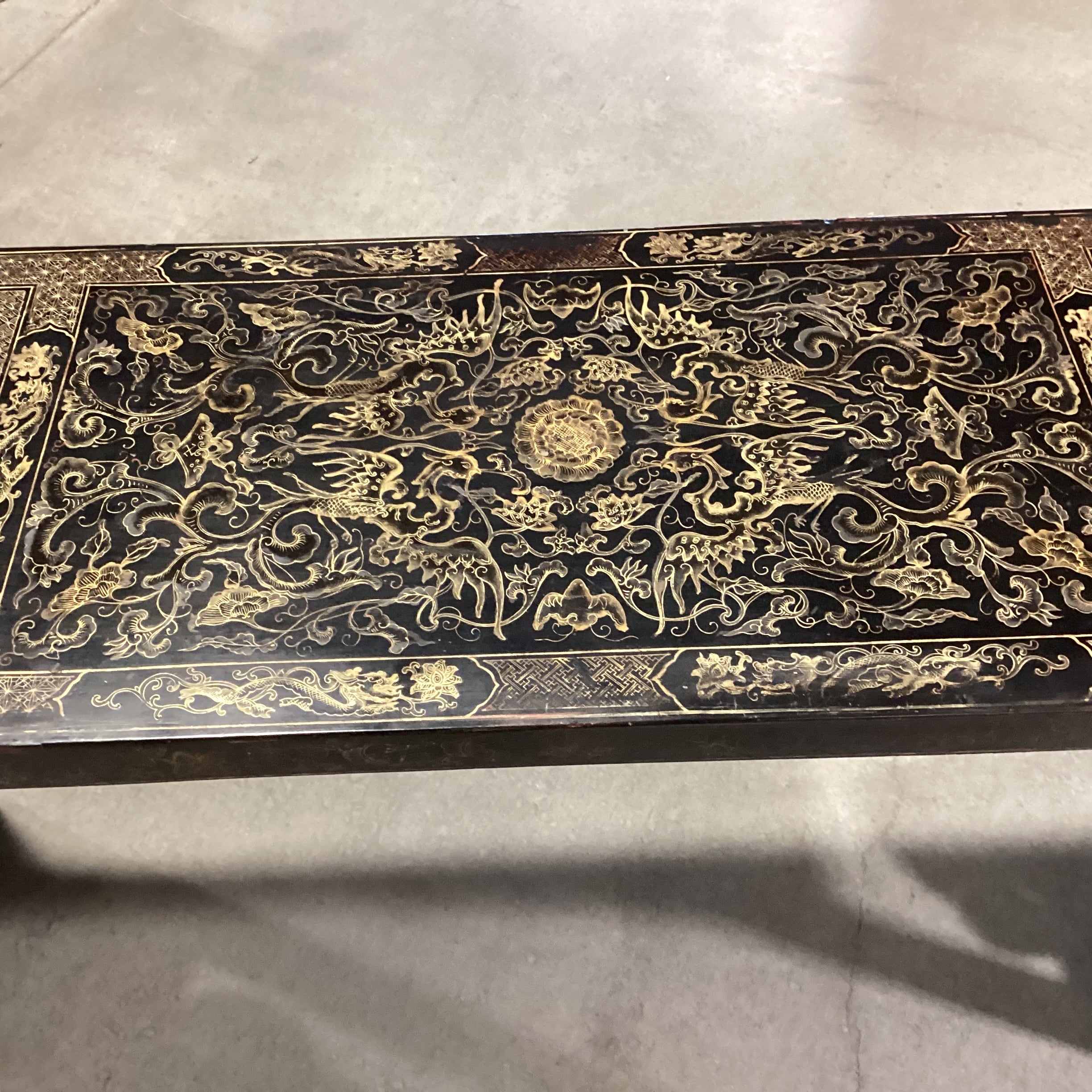 Vintage Chinoiserie Black Lacquer & Gold Hand Painted Console Sofa Table 61"x 16"x 34"