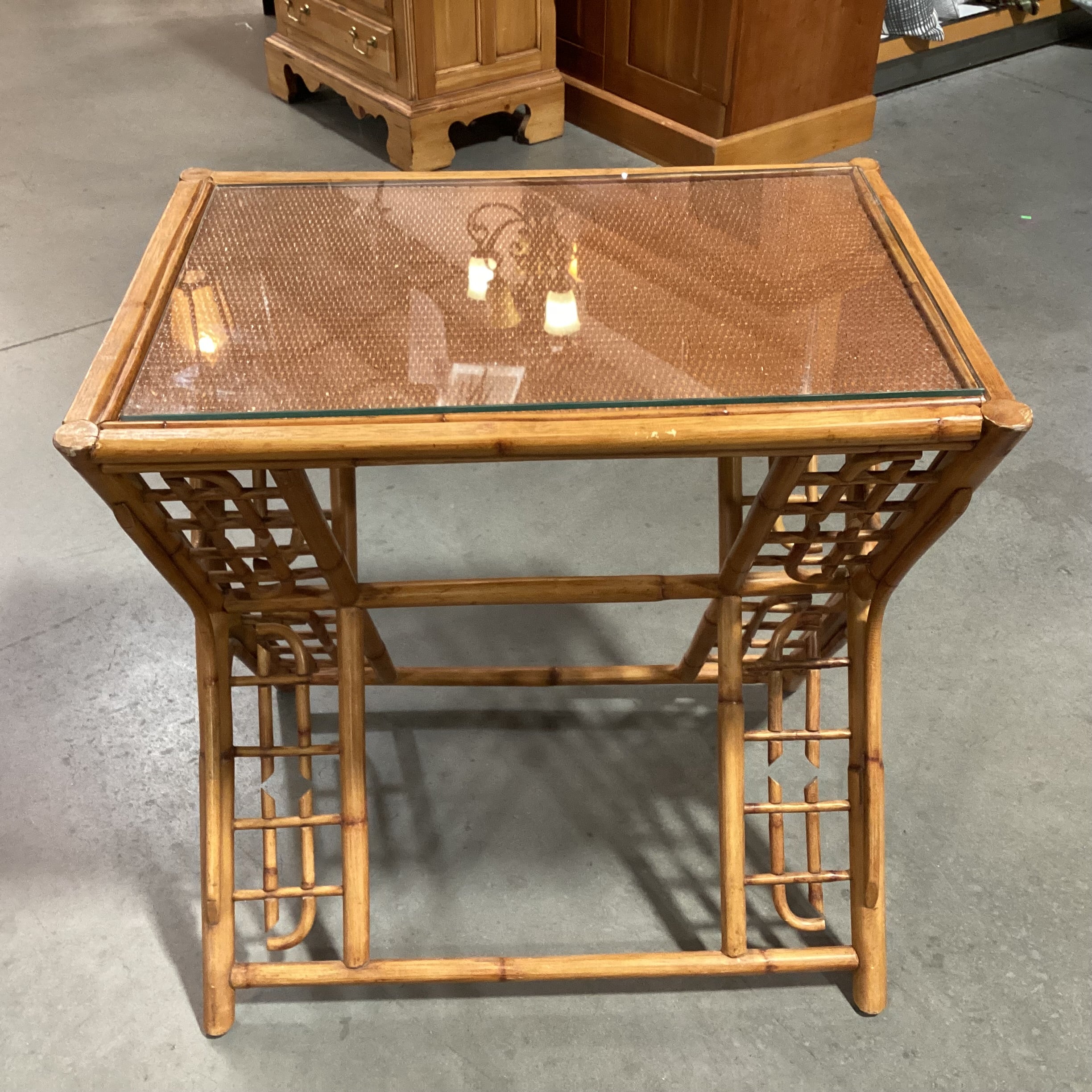 Vintage Bamboo & Rattan with Glass Top Accent Table 27"x 19"x 27"