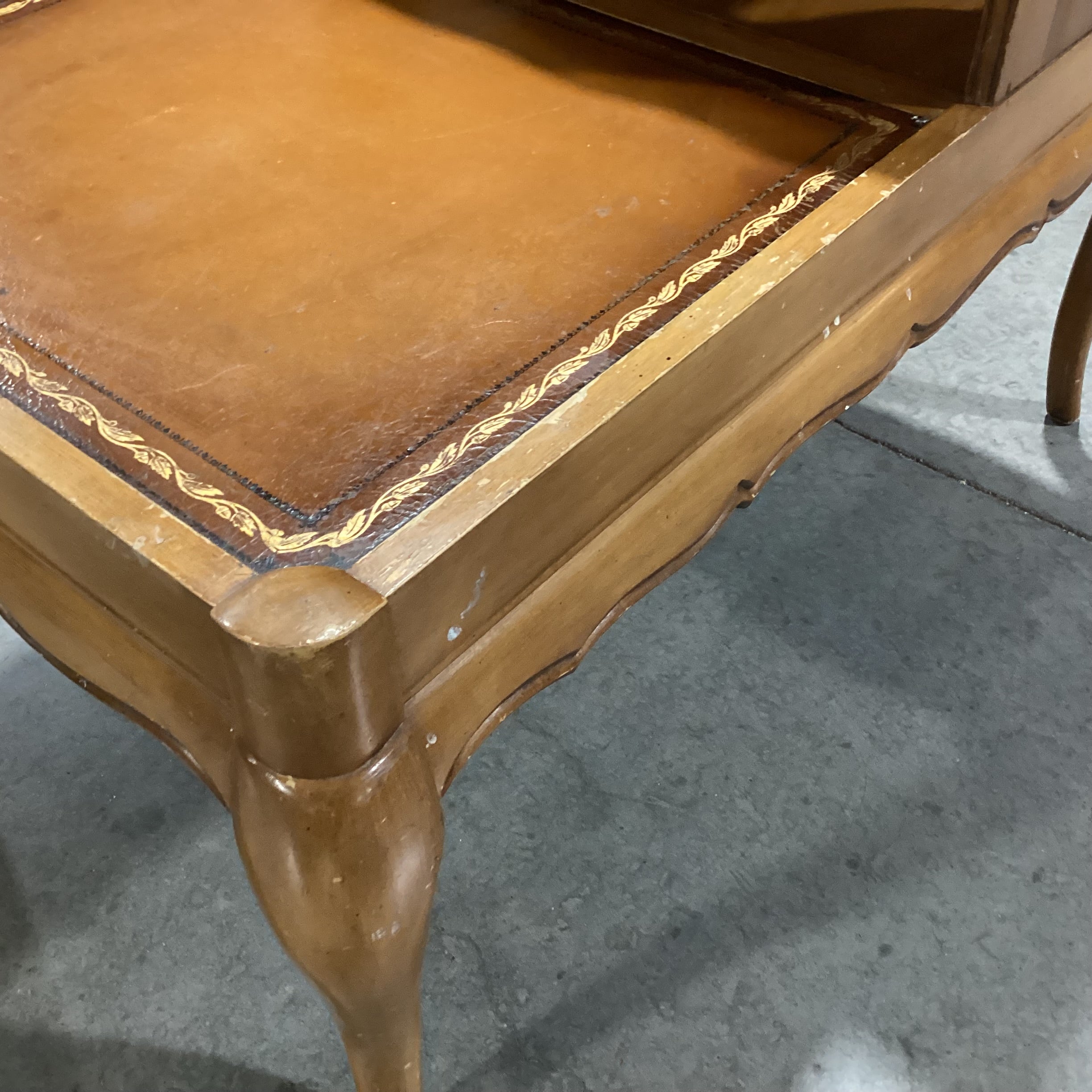 Mid Century Carved Wood & Leather Top with Cubby End Table21"x 32"x 24.5"