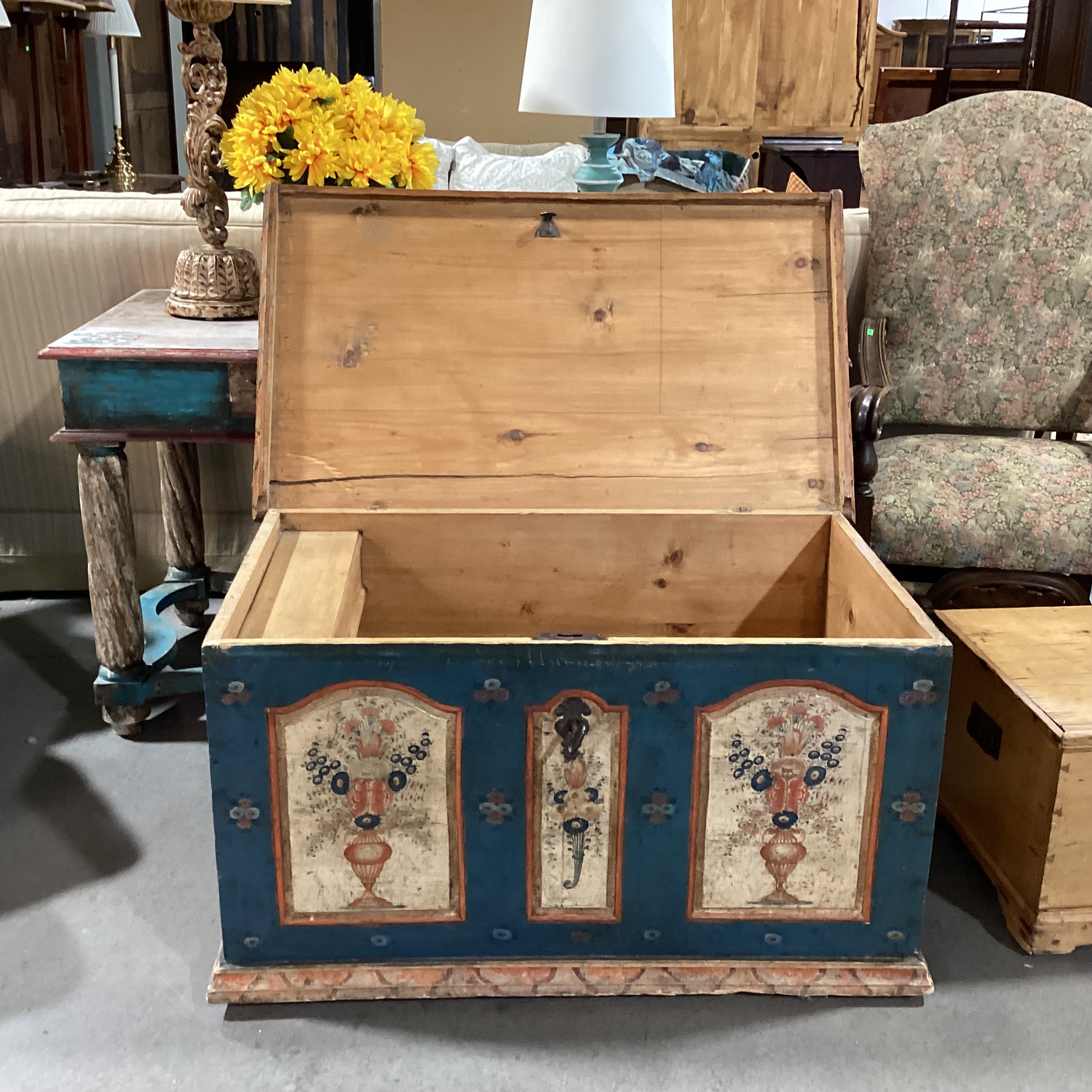 Antique Carved Wood Hand Painted Blue with Floral Panels Trunk 42"x 25"x 23.5"