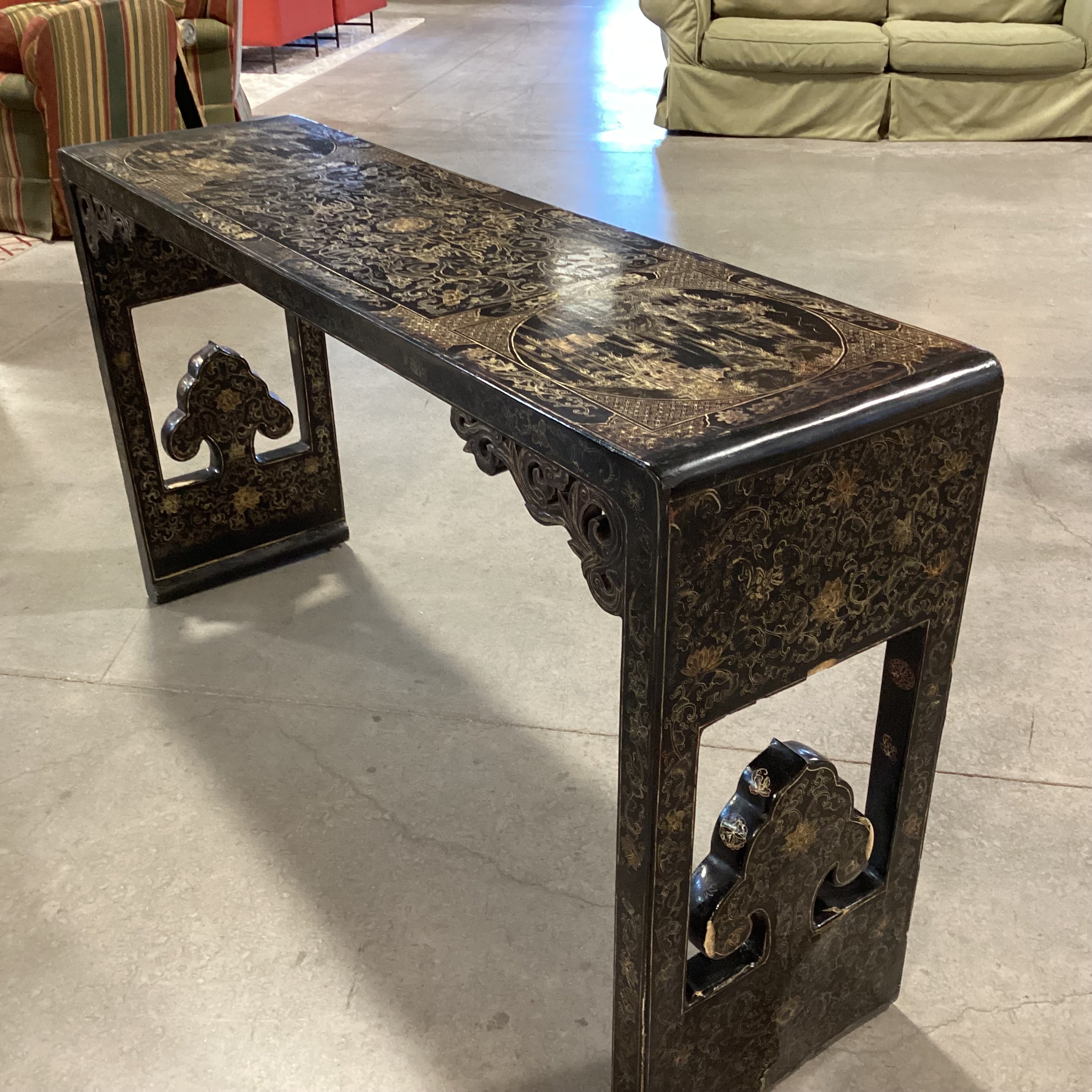 Vintage Chinoiserie Black Lacquer & Gold Hand Painted Console Sofa Table 61"x 16"x 34"