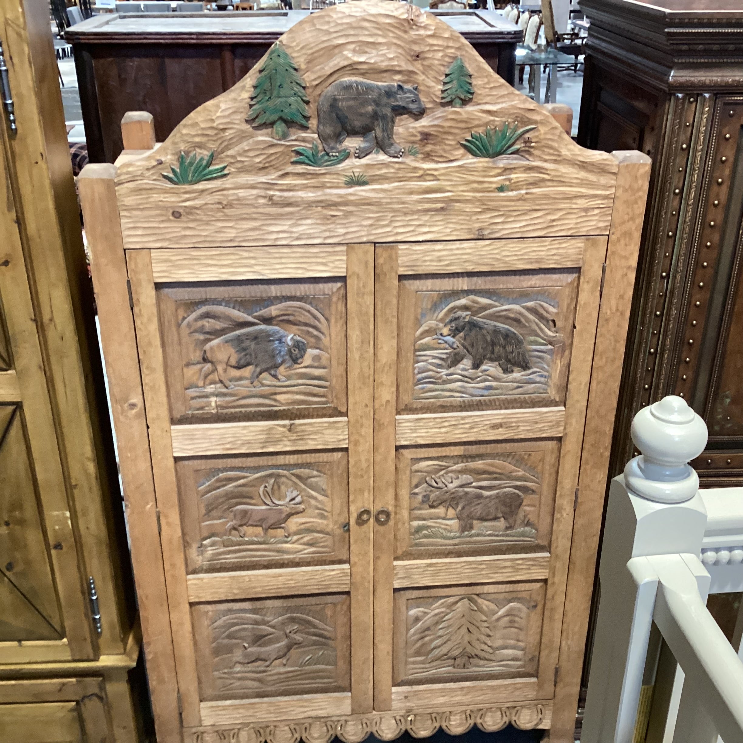 Rustic Hand Carved Bear Moose Elk Buffalo 2 Door with Shelves Armoire 48"x 26"x 84"