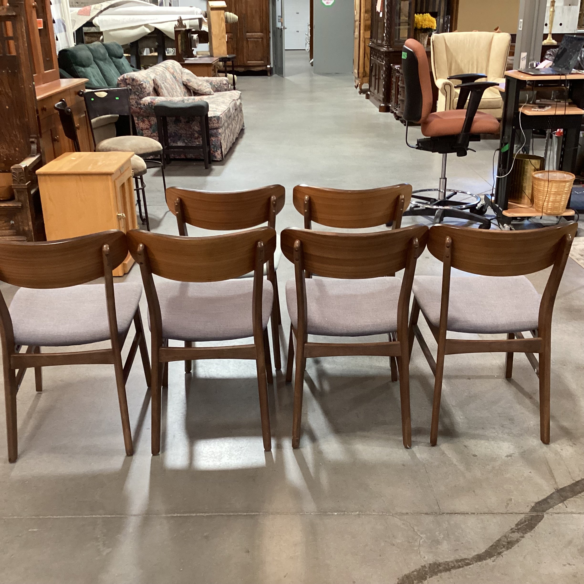 SET of 6 Mid Century Style Walnut Blue & Grey Seat Dining Chairs 18"x 18"x 30.5"
