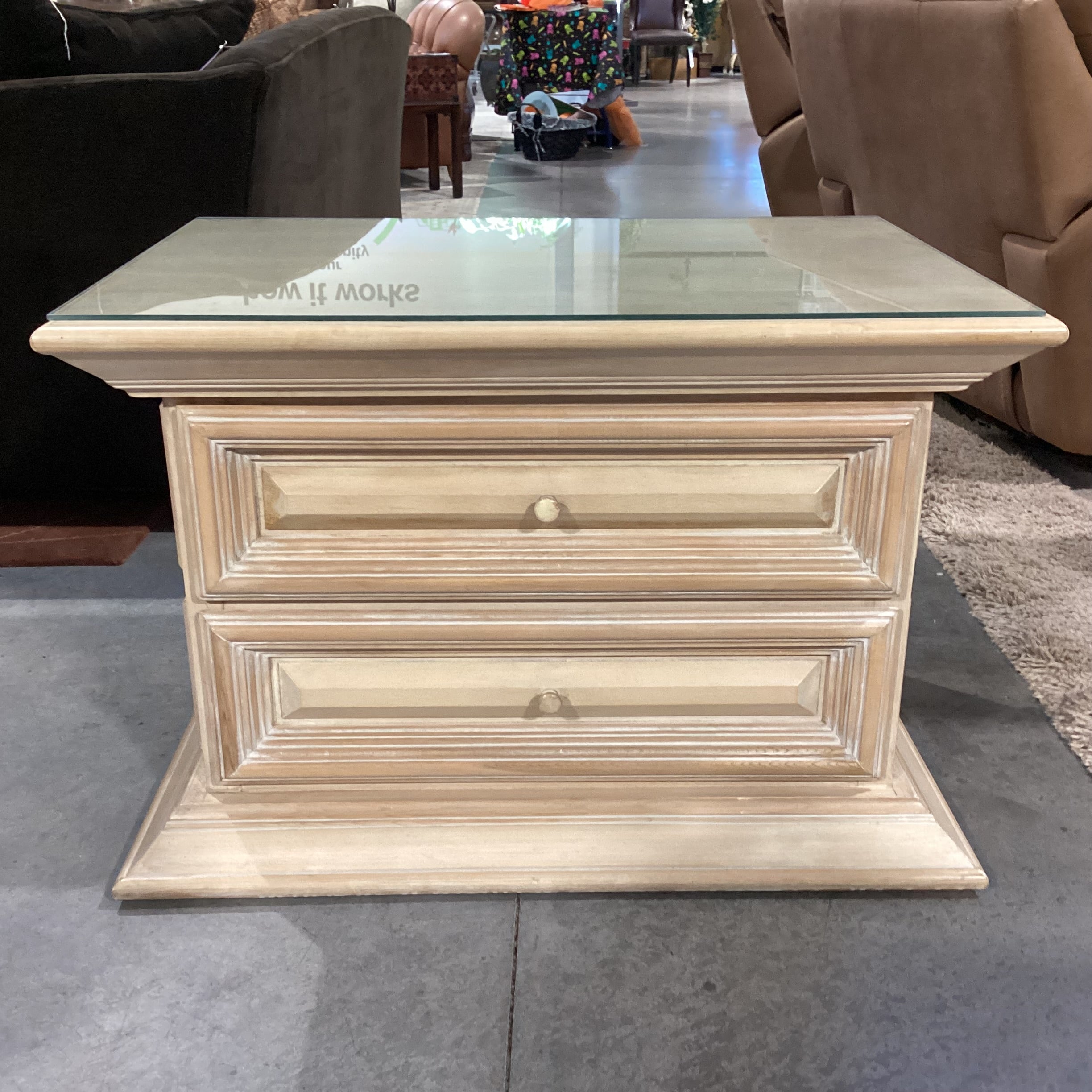 Kreiss Collection Natural Solid Carved Wood 2 Drawer Glass Top End Table 36"x 24"x 23"