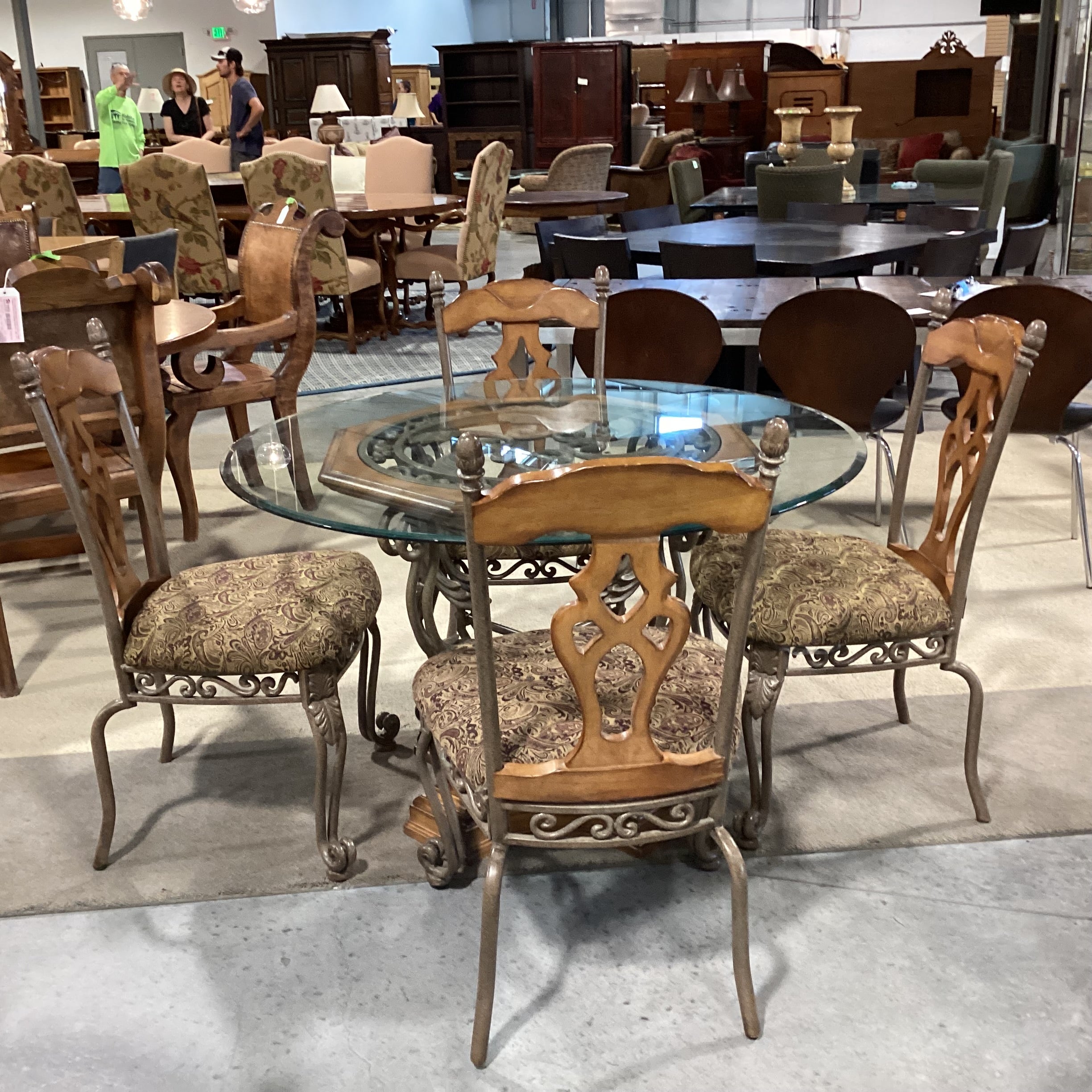 Ashley Ornate Iron Wood & Round Glass Table with 4 Chairs Dining Set 48" Diameter x 30"