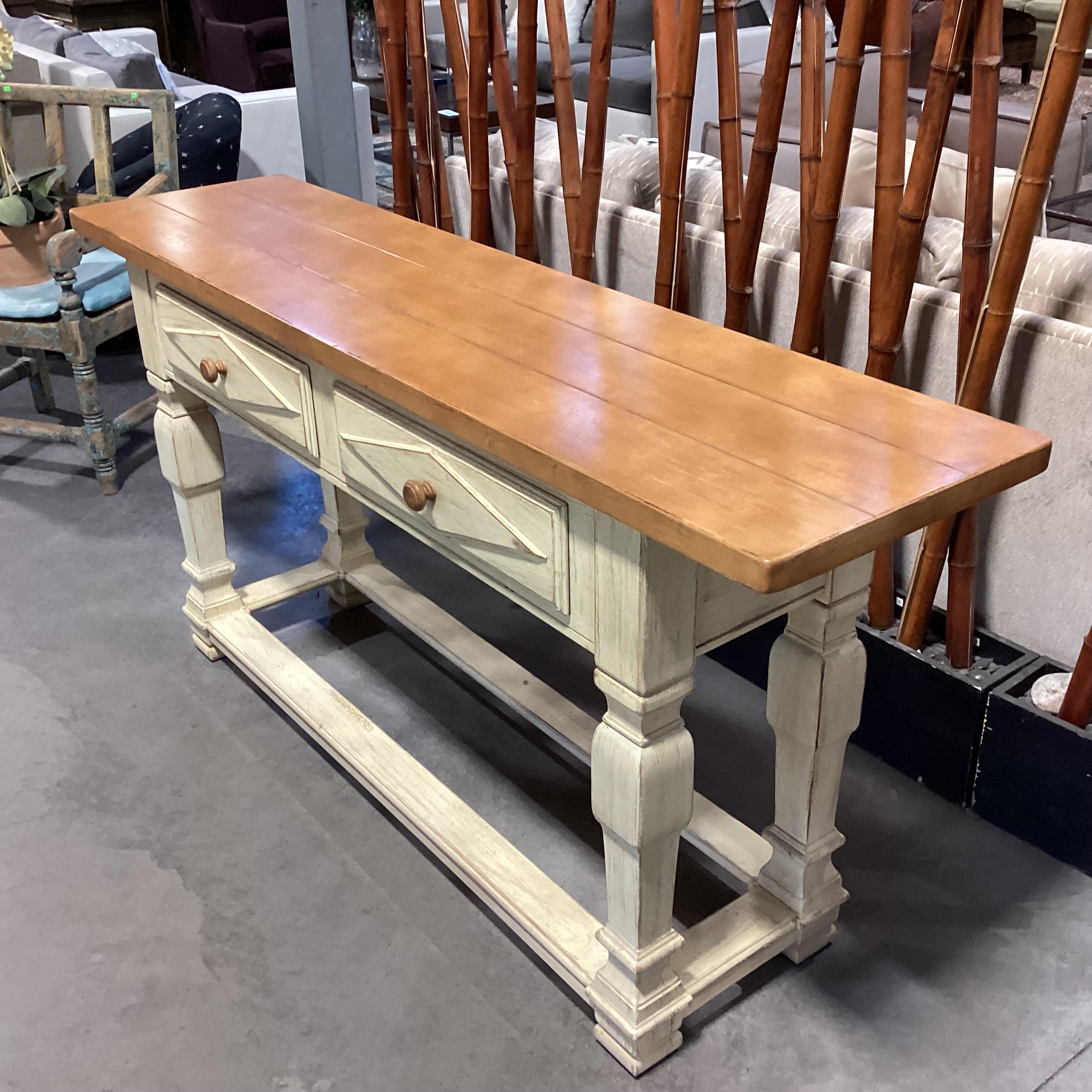 Drexel Cream & Finished Distressed Carved Wood 2 Drawer Sofa Table 72"x 18"x 55.5"