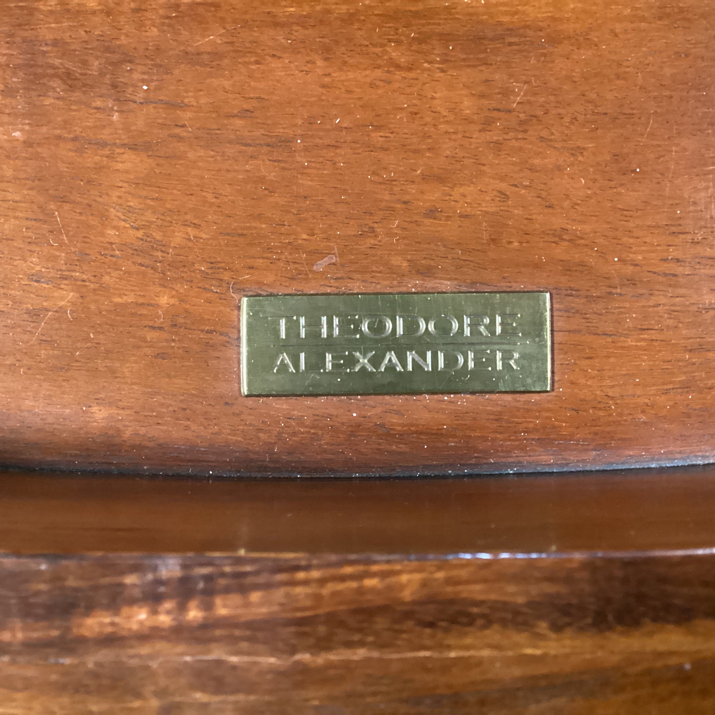 Theodore Alexander Flamed Mahogany Veneer & Carved Wood Ornate Brass Accent 4 Drawer with Leather Top Pullout Chest 43"x 20"x 36"