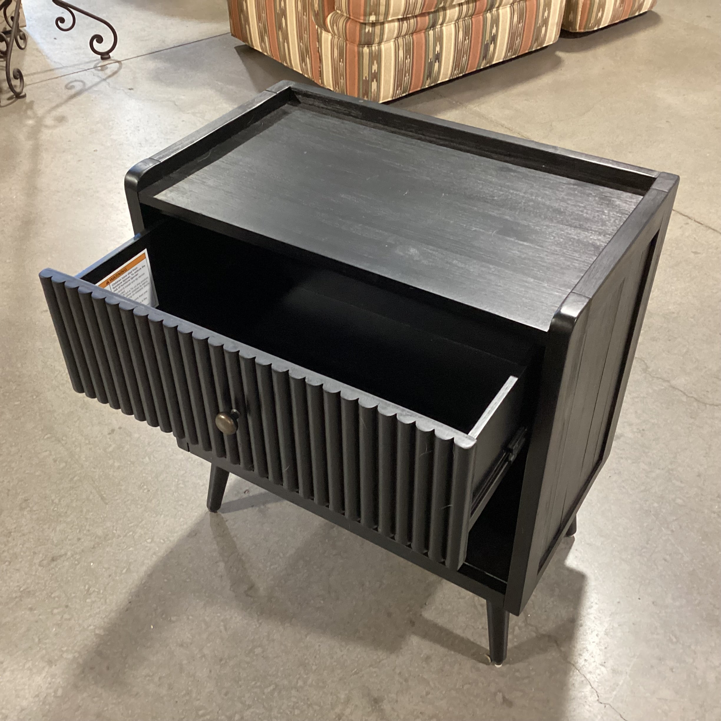 Mid Century Style Black Wood with Ribbed Detail Drawer End Table 24"x 14"x 26,5"
