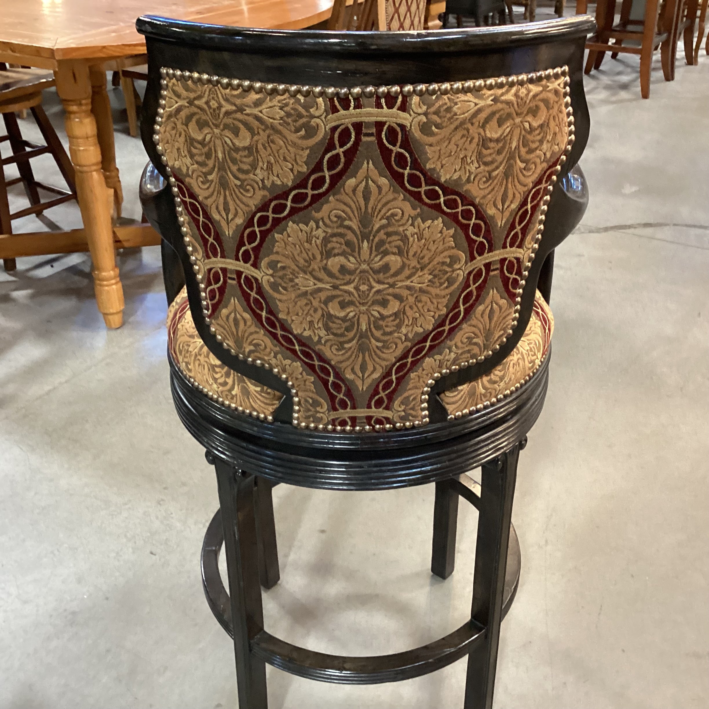 Ferguson Copeland Dark Distressed Carved Wood with Gold & Claret Upholstered Nailhead Swivel Barstool 31"