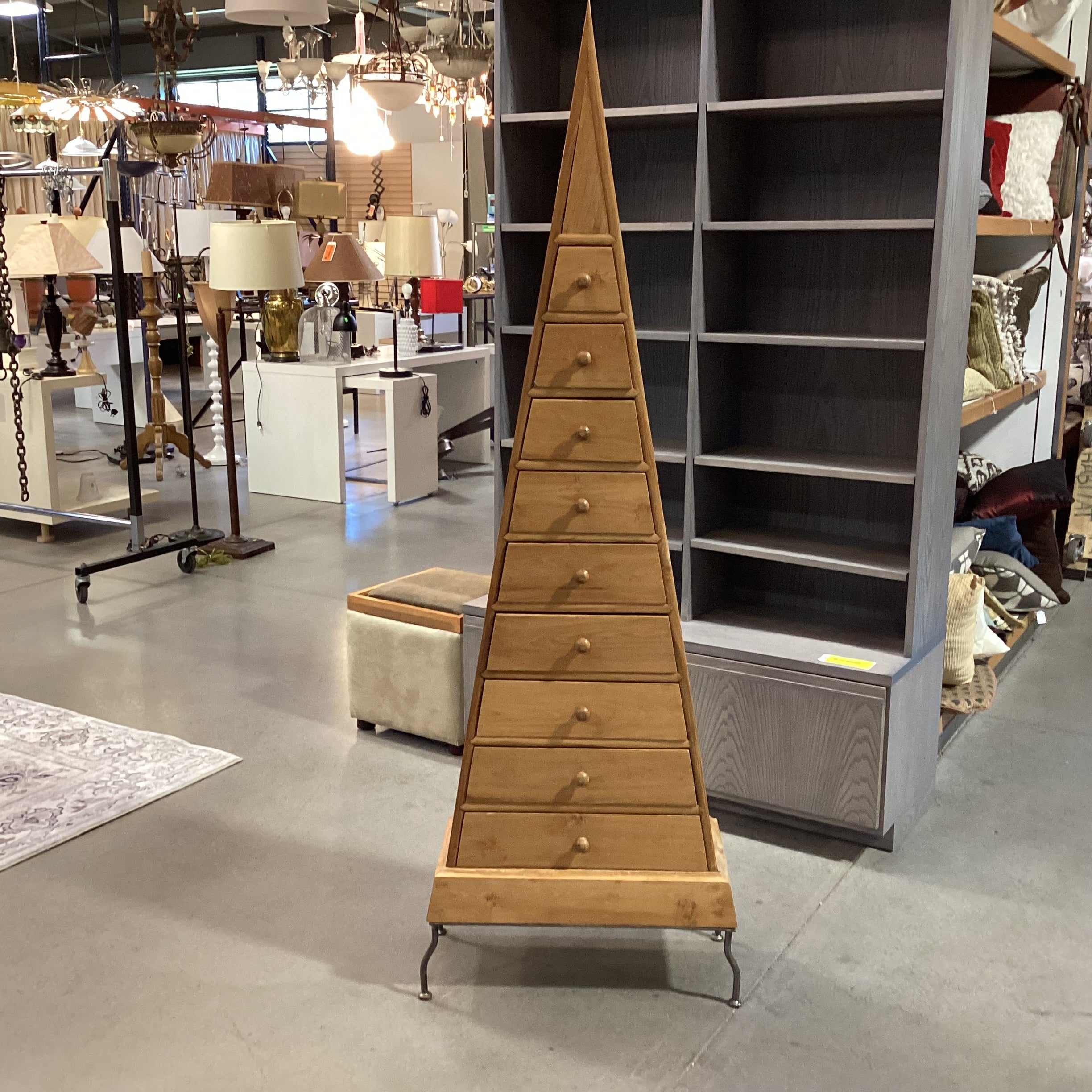 Pyramid Natural Wood & Iron Legs 9 Drawer Chest 24"x 10.5"x 70.5"