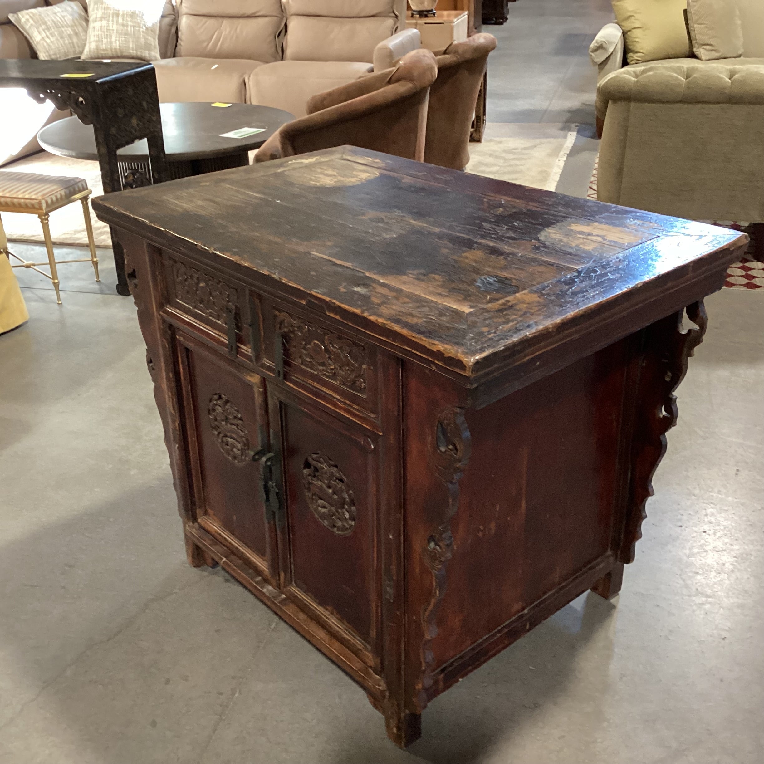 Vintage Antique Asian Carved Wood 2 Door 2 Drawer Alter Cabinet Console 43"x 27.5"x 34"