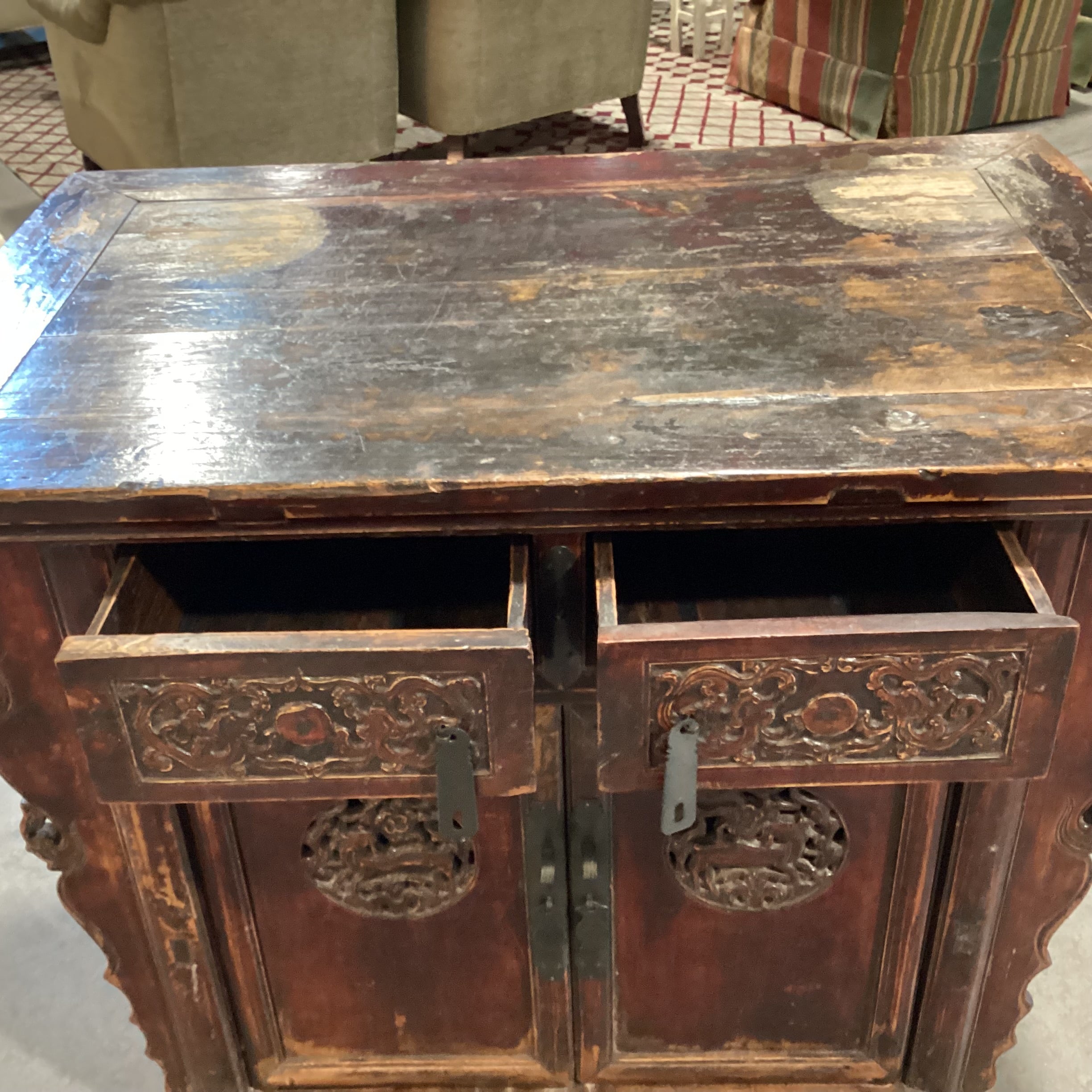 Vintage Antique Asian Carved Wood 2 Door 2 Drawer Alter Cabinet Console 43"x 27.5"x 34"