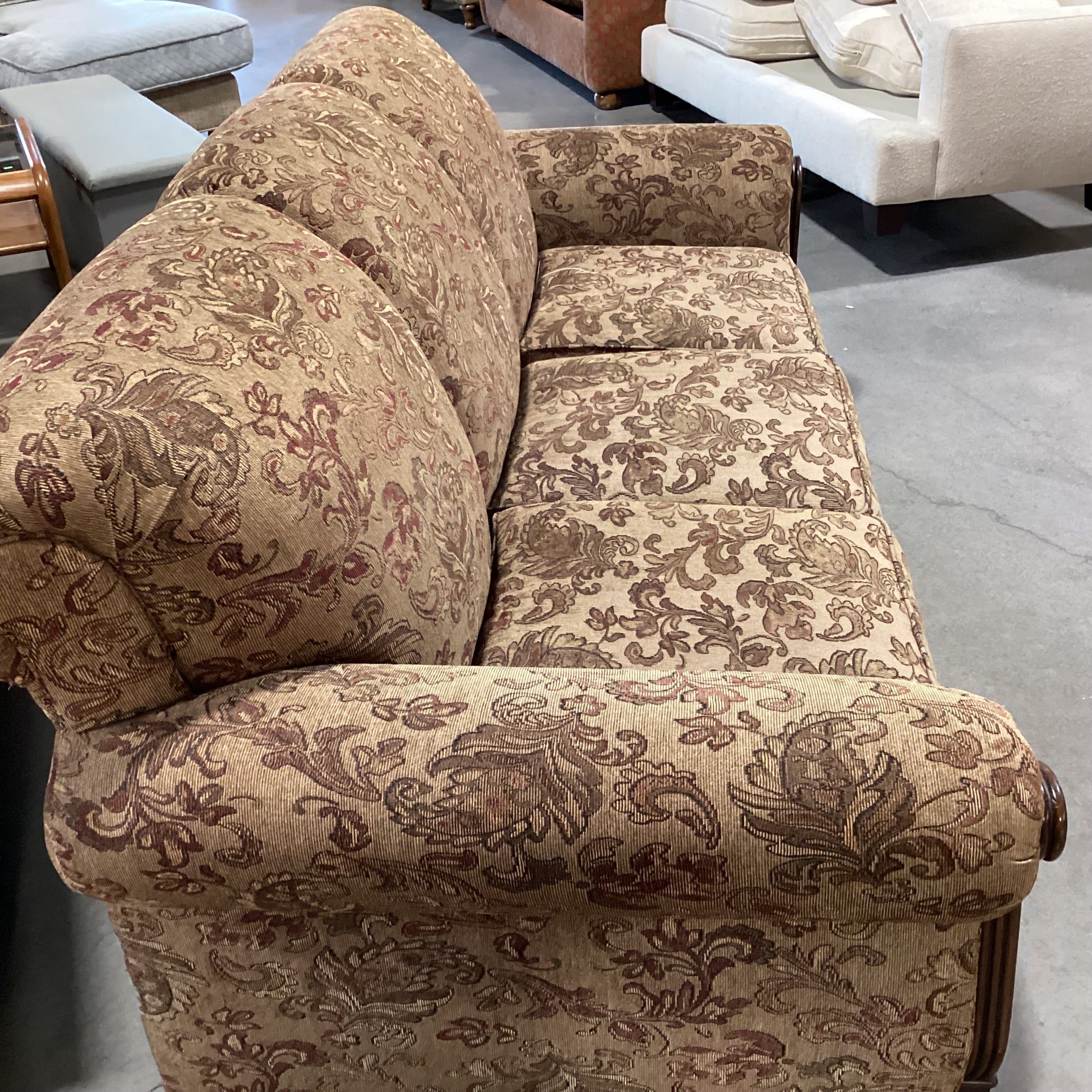 Ashley Tan Brown Rust Woven Floral & Carved Wood Sofa 87"x 40"x 38"