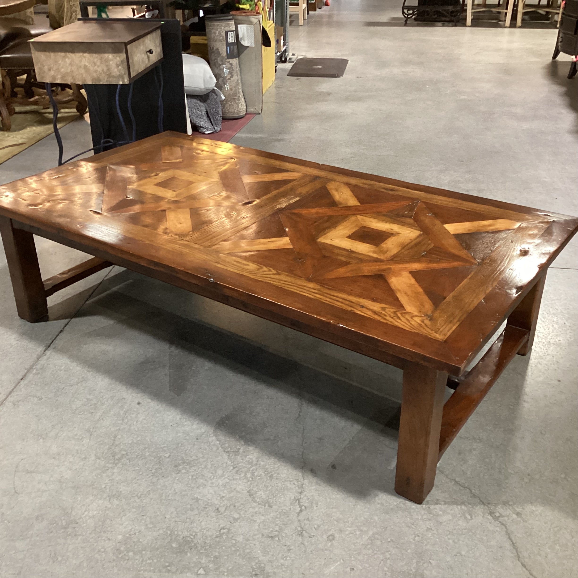 Rustic 2 Tone Finish with Inlay Design Top & Trestle Coffee Table 71.5"x 39.5"x 19.5"
