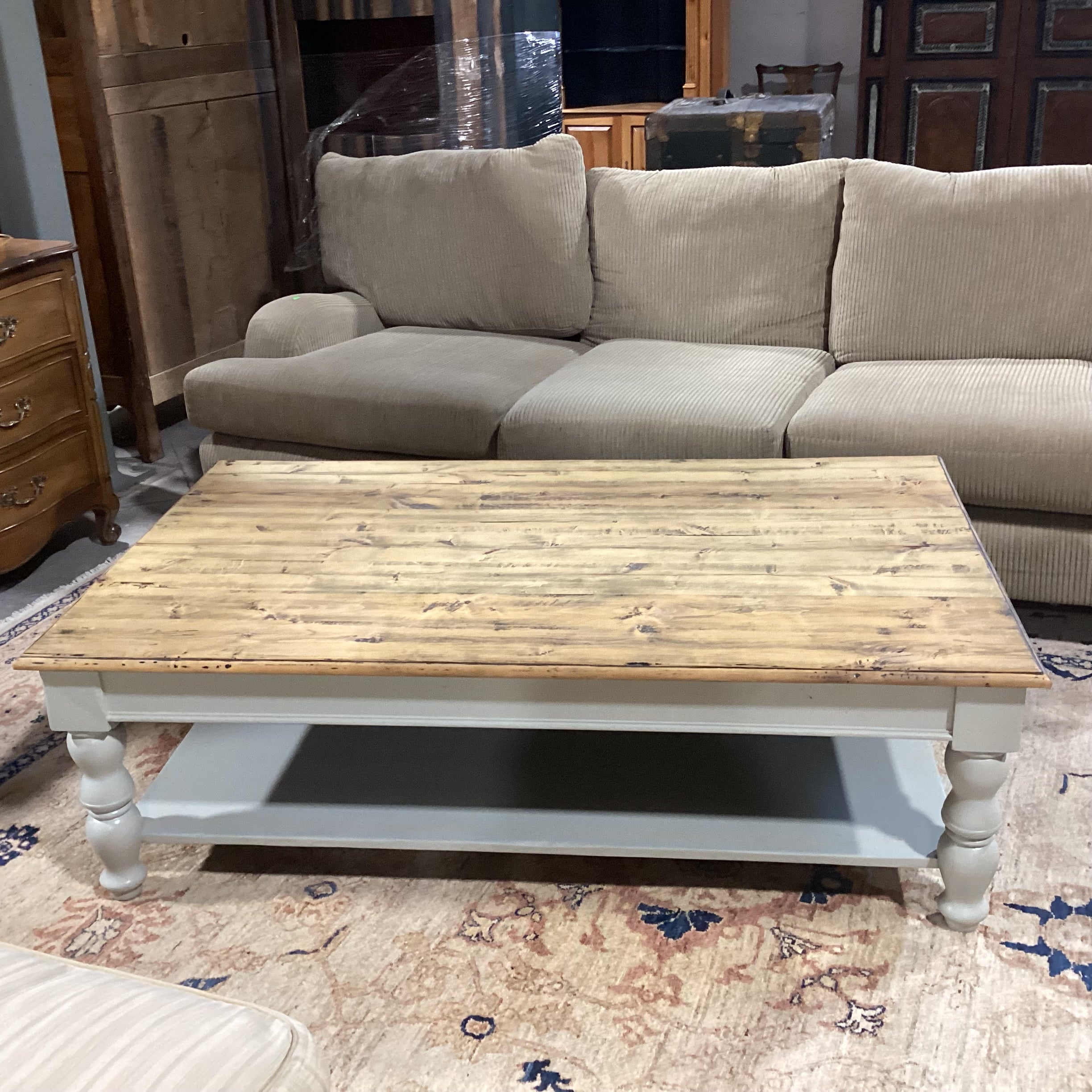 Rustic Distressed Plank Top & Dove Grey Carved Wood Coffee Table 60"x 36"x 19"