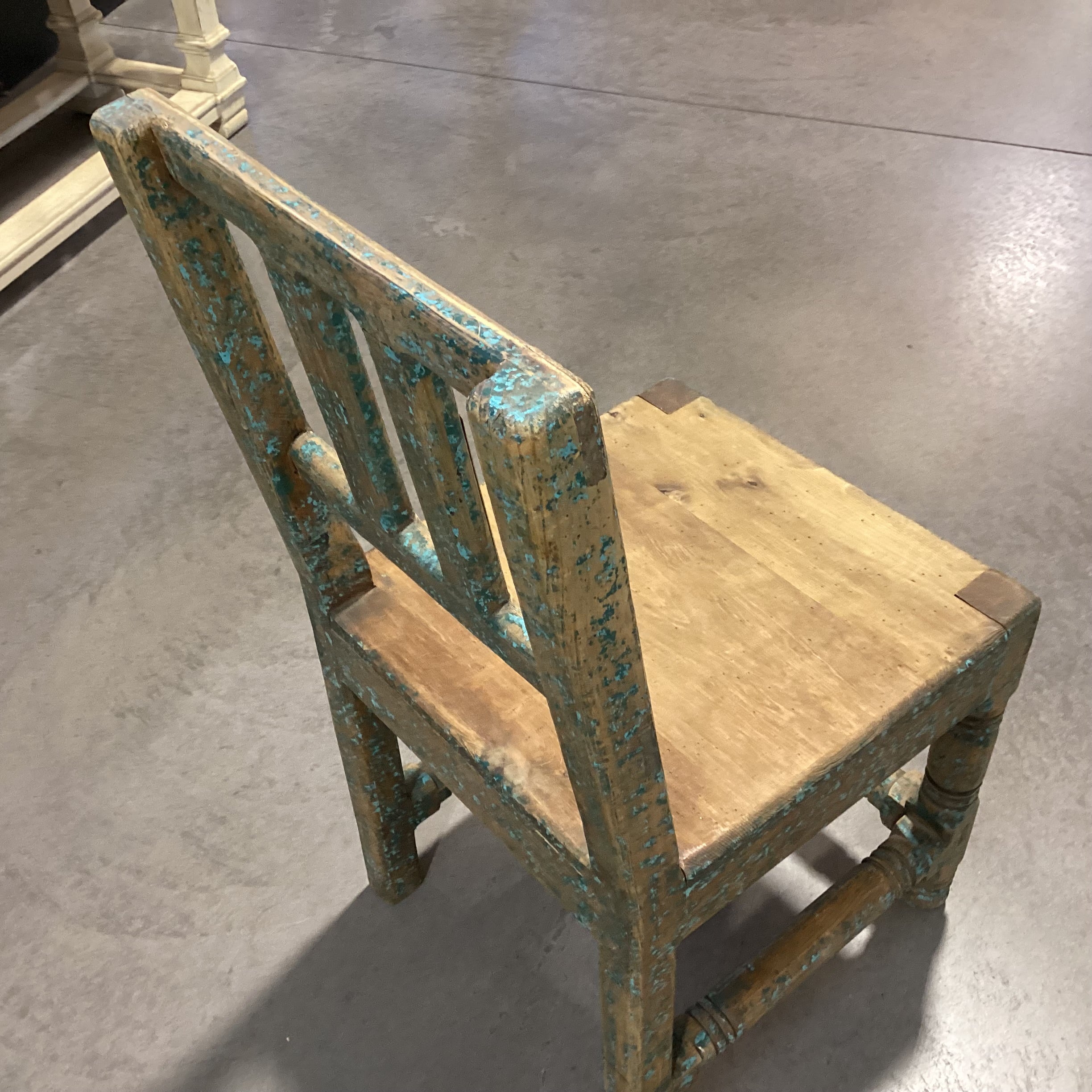 Santa Fe Style Carved Wood with Teal Distressing Chair 18"x 21"x 37"