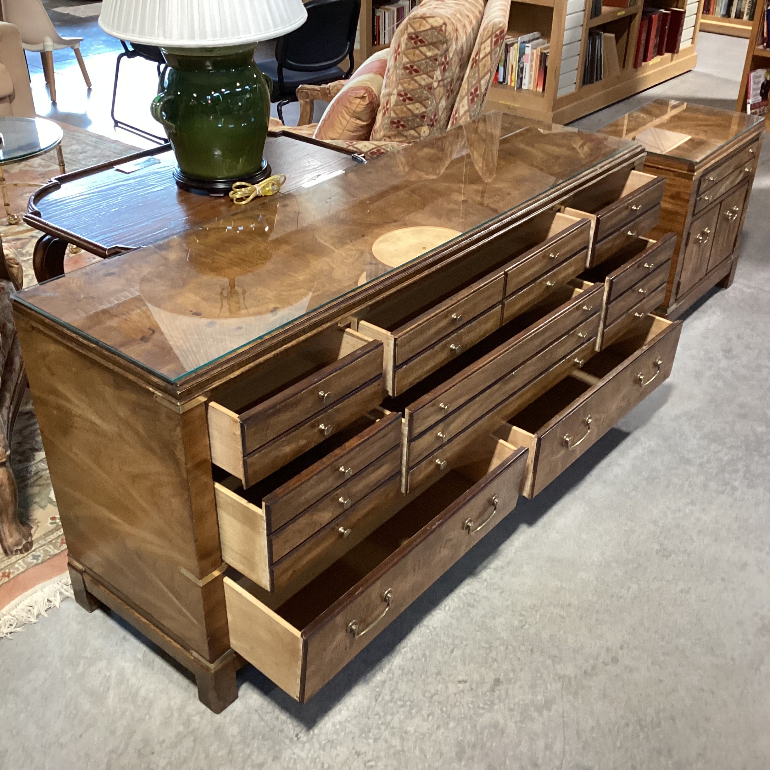 Vintage Lane Campaign Style Wood & Burl Veneer 8 Drawer with Brass Accent & Glass Top Dresser 64"x 19"x 30"