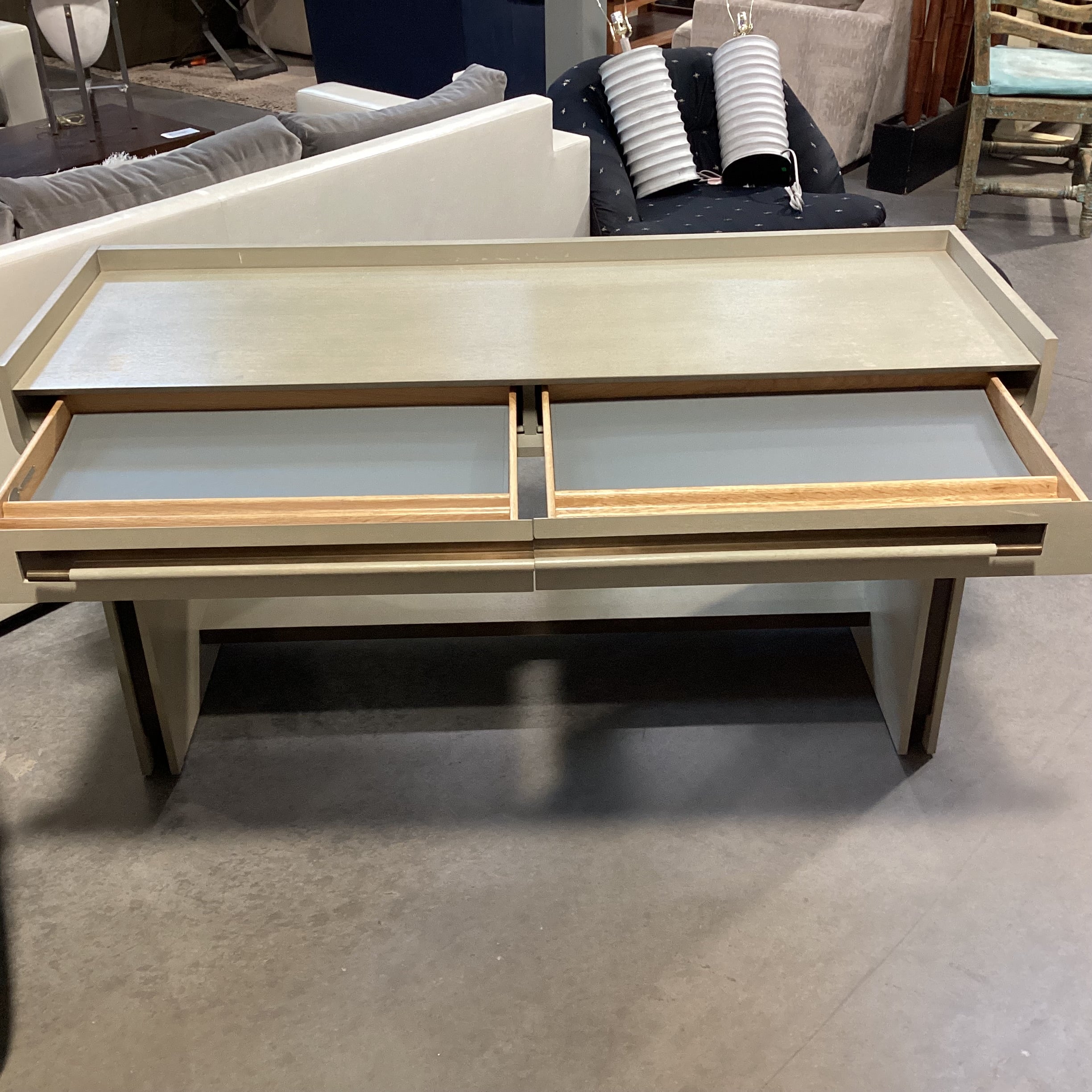 Barbara Barry for Baker Furniture Sage Grey Washed Wood & Veneer with Leather Lined Softclose Drawers Desk 62"x 22"x 32"