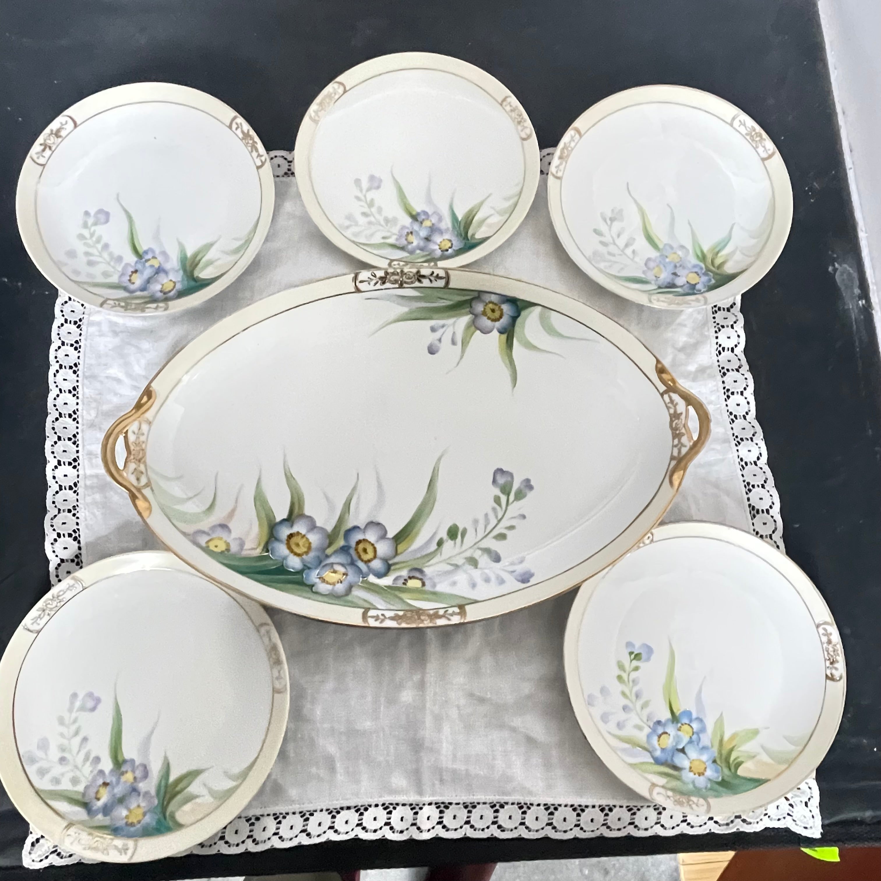Set of 6 Pieces Antique 1920's Nippon Handpainted Serving Platter with 5 Small 6" Dessert Plates