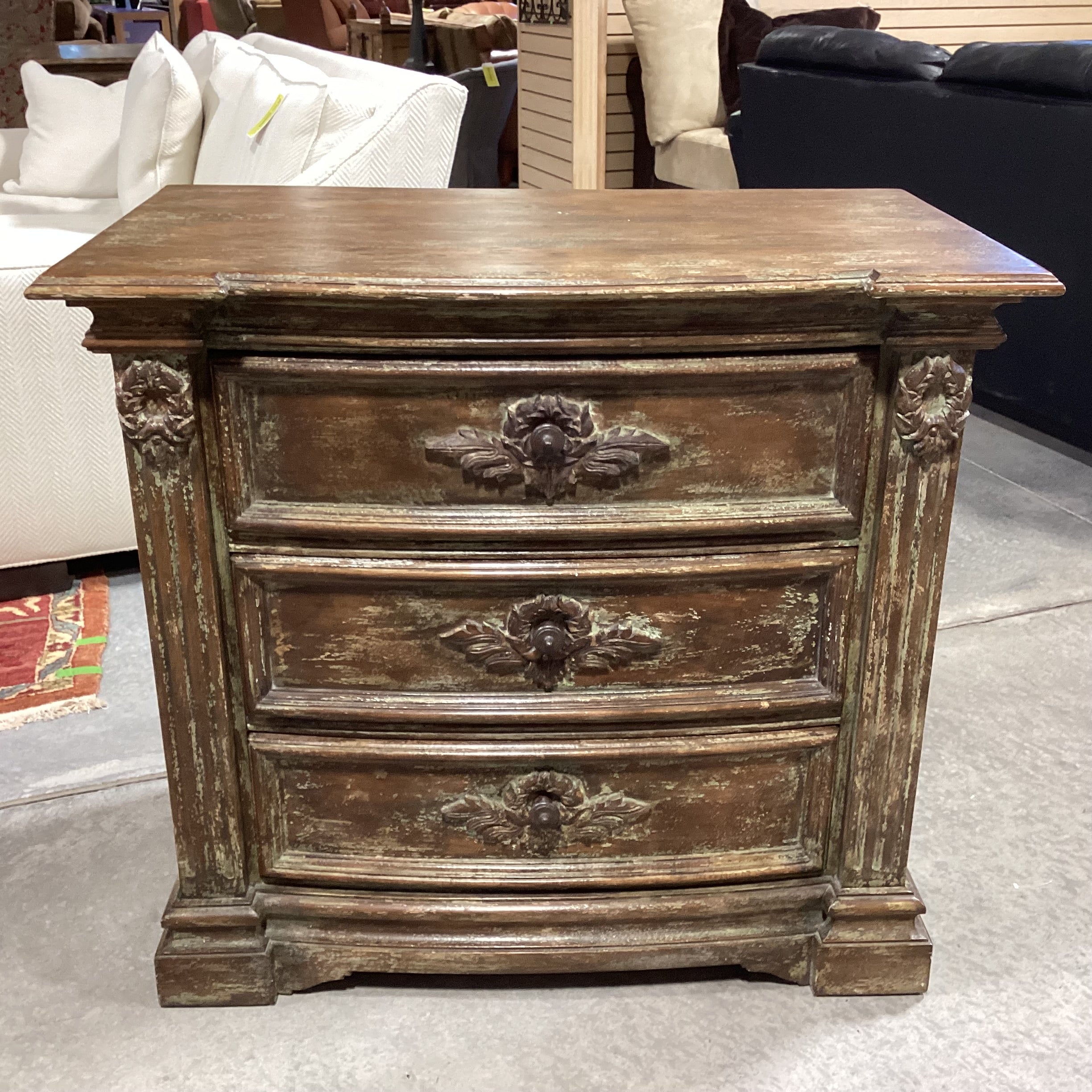 Antiqued Distressed Carved Wood 3 Drawer Nightstand 36"x 20"x 33"