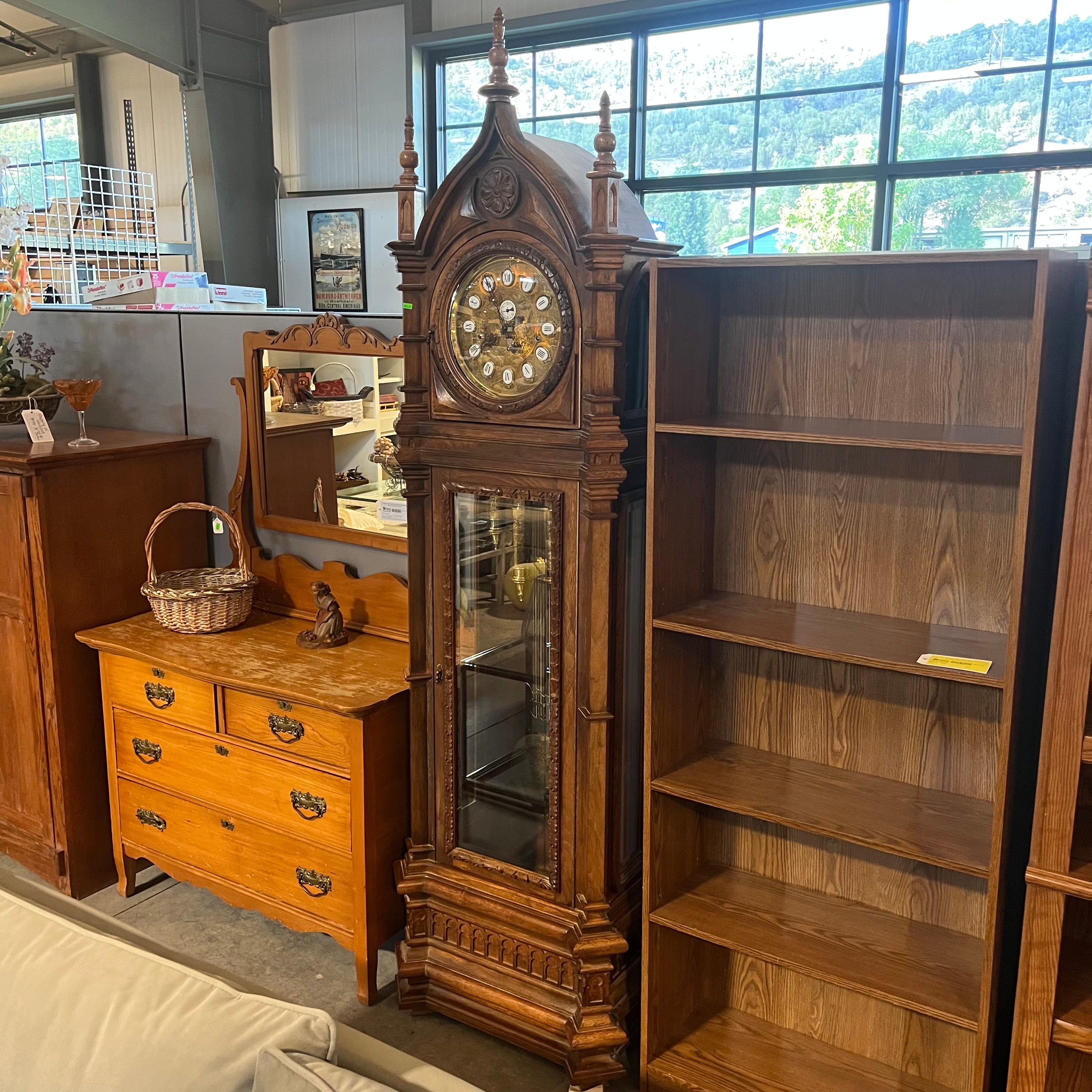The Gazo Family Clock Factory Vintage Carved Dark Finish Oak Grand Father Clock