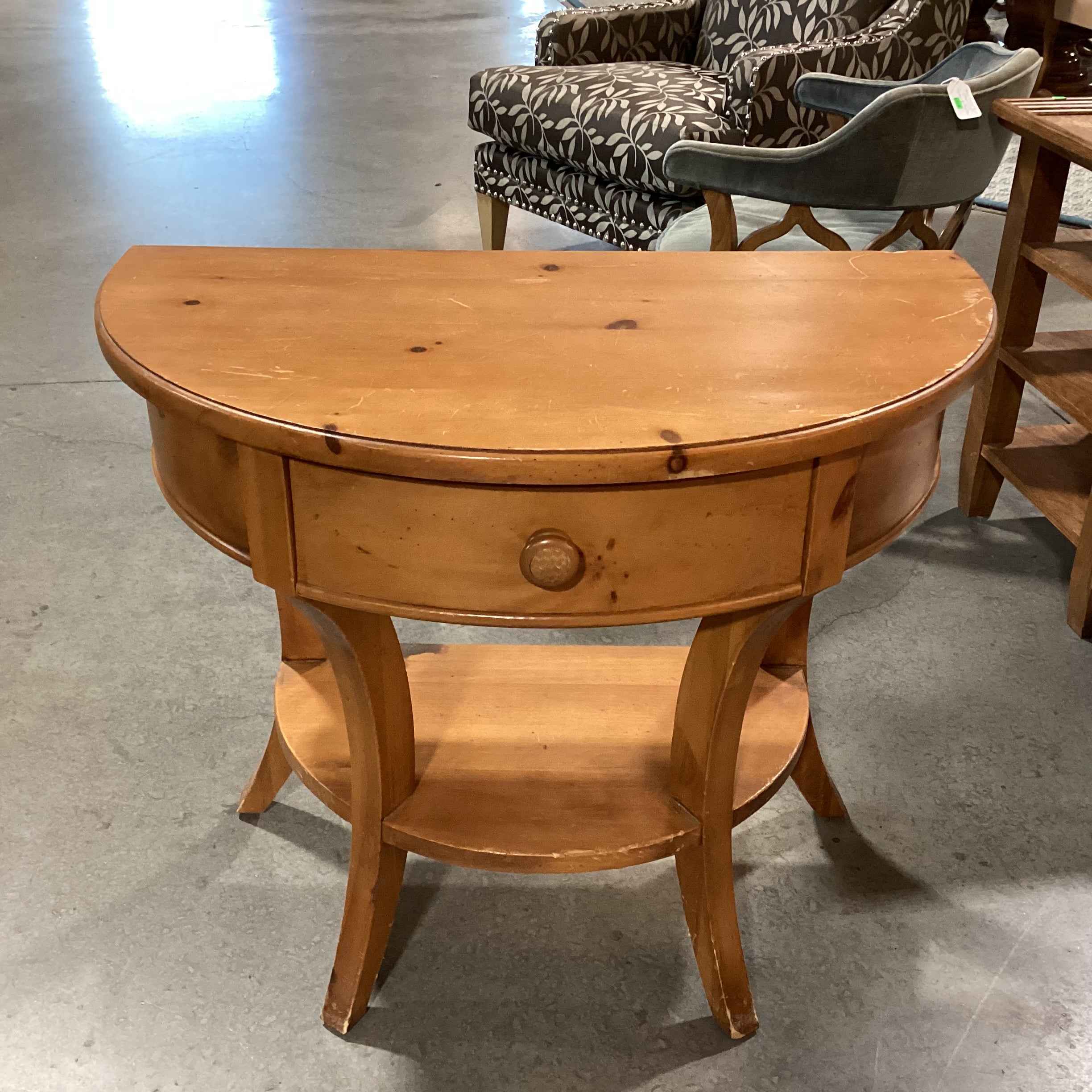 Brownwood Furniture Light Finished Distressed Pine Halfmoon 1 Drawer Accent Table 32.5"x 18.5"x 28"