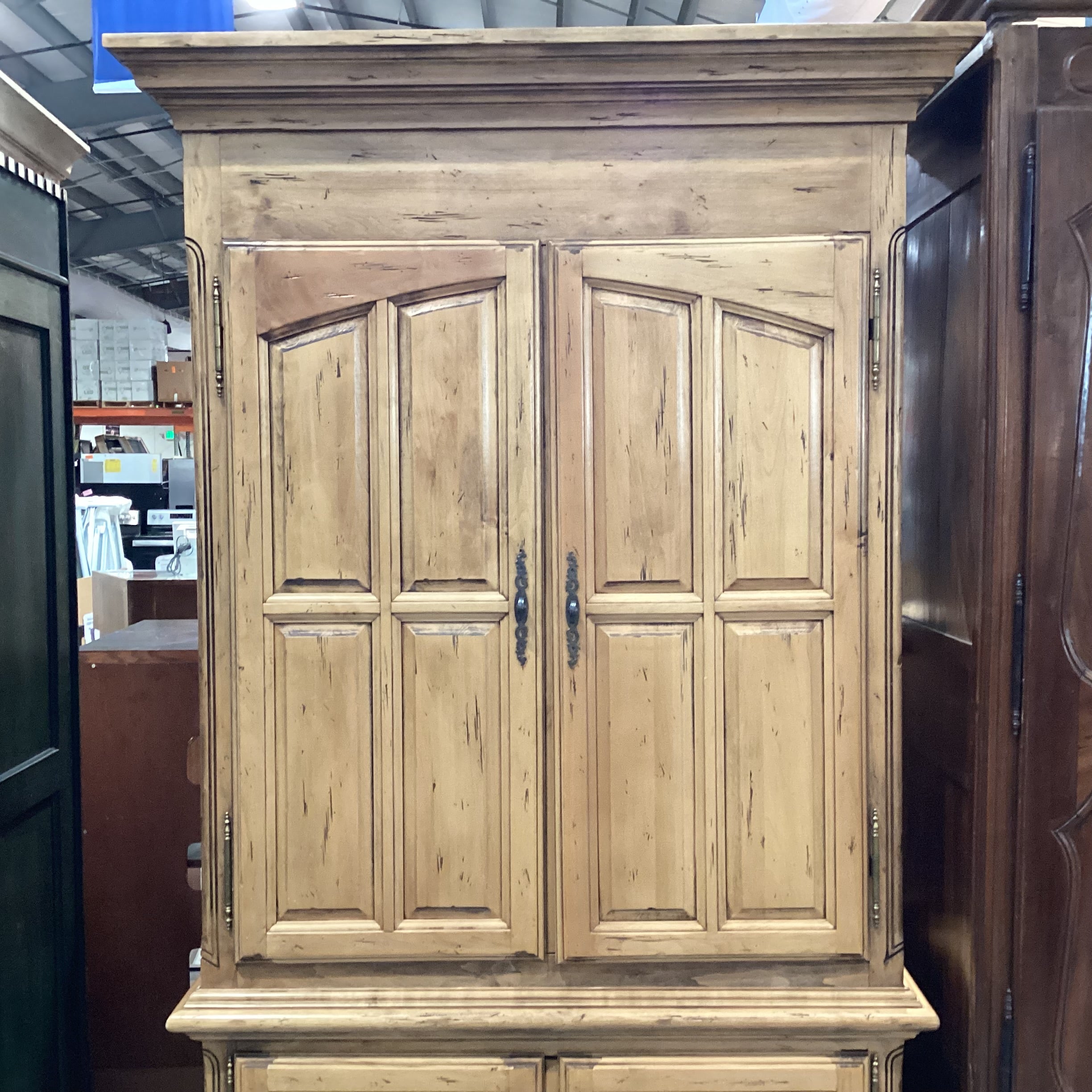 Antiqued Blonde Distressed Carved Wood 4 Door Armoire 55.5"x 29"x 93.5"