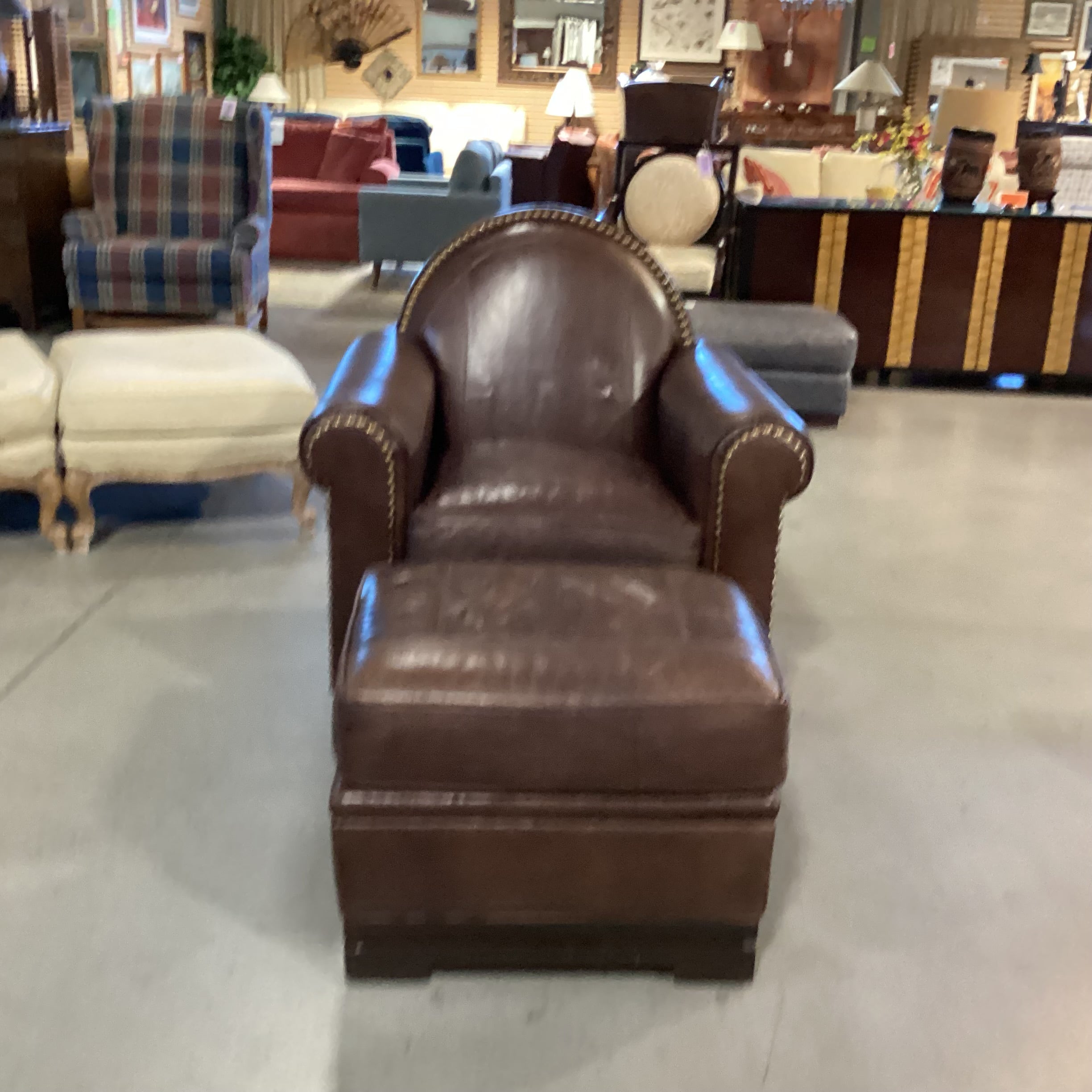 Mulholland Brothers Home Collection by Eric Brand Art Deco Style Leather Nailhead with Ottoman Club Chair 36"x 35"x 37.5"
