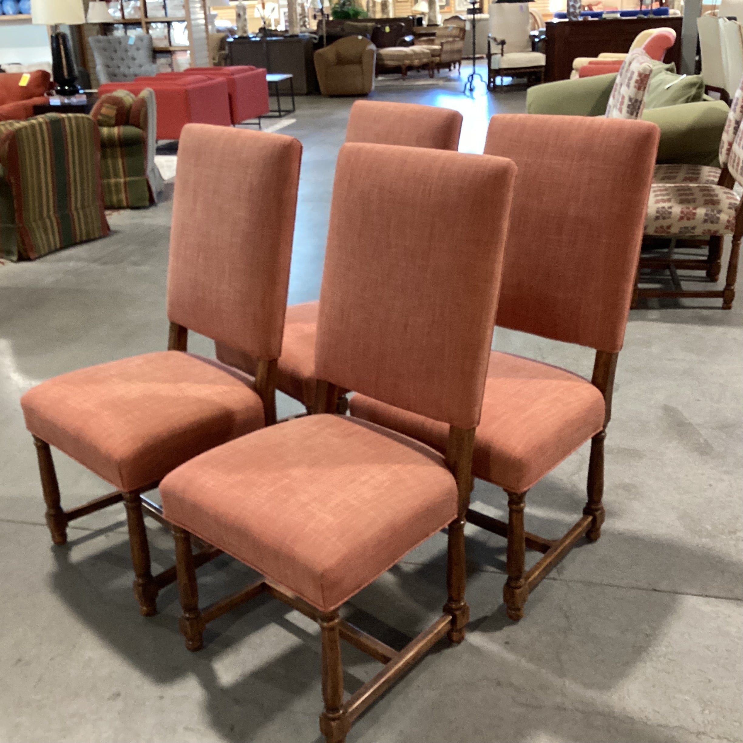 Set Of 4 Carved Wood Red Orange Woven Linen Dining Chairs 21"x 20"x 42.5"