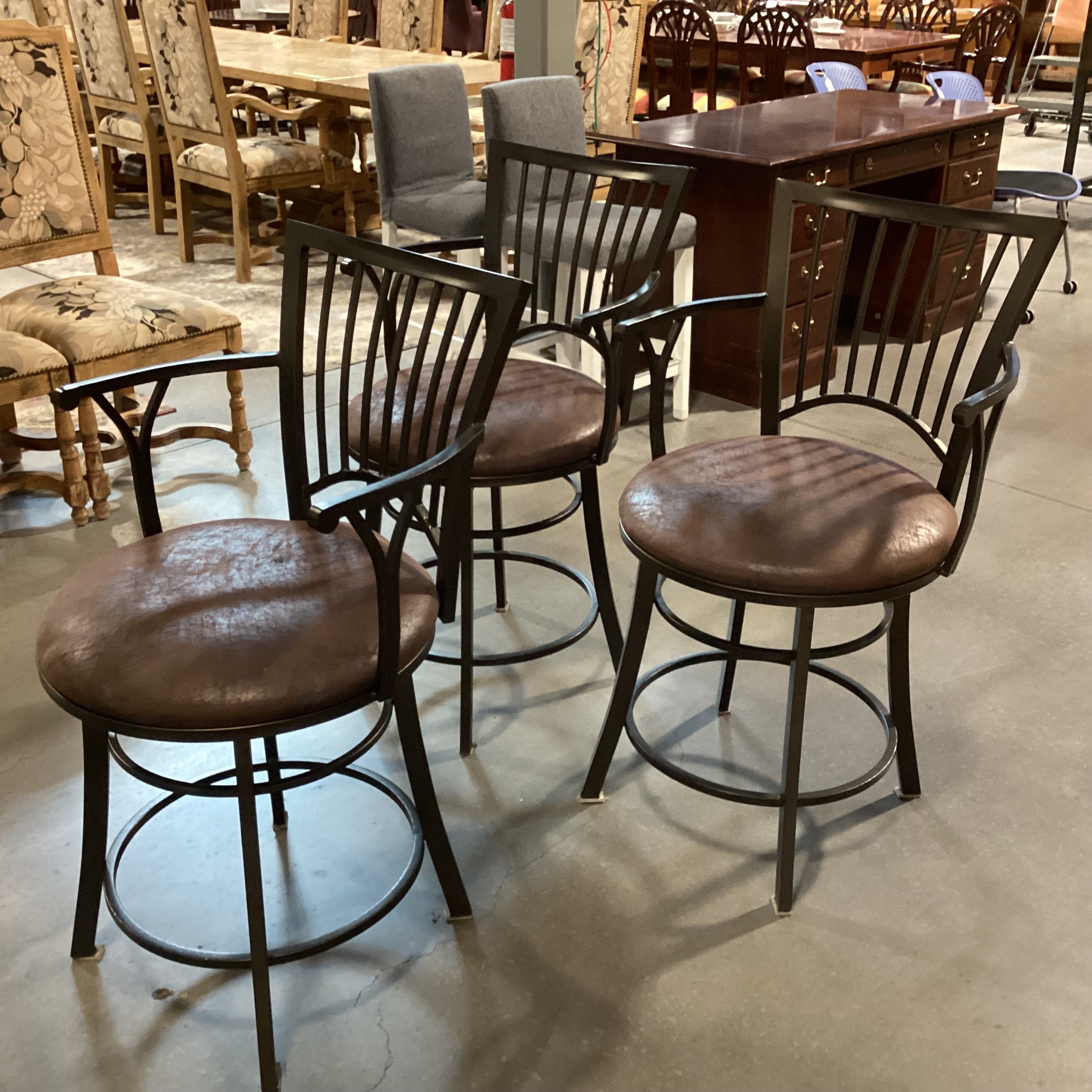 SET of 3 Iron & Textured Ultra Suede Swivel Barstools 24"